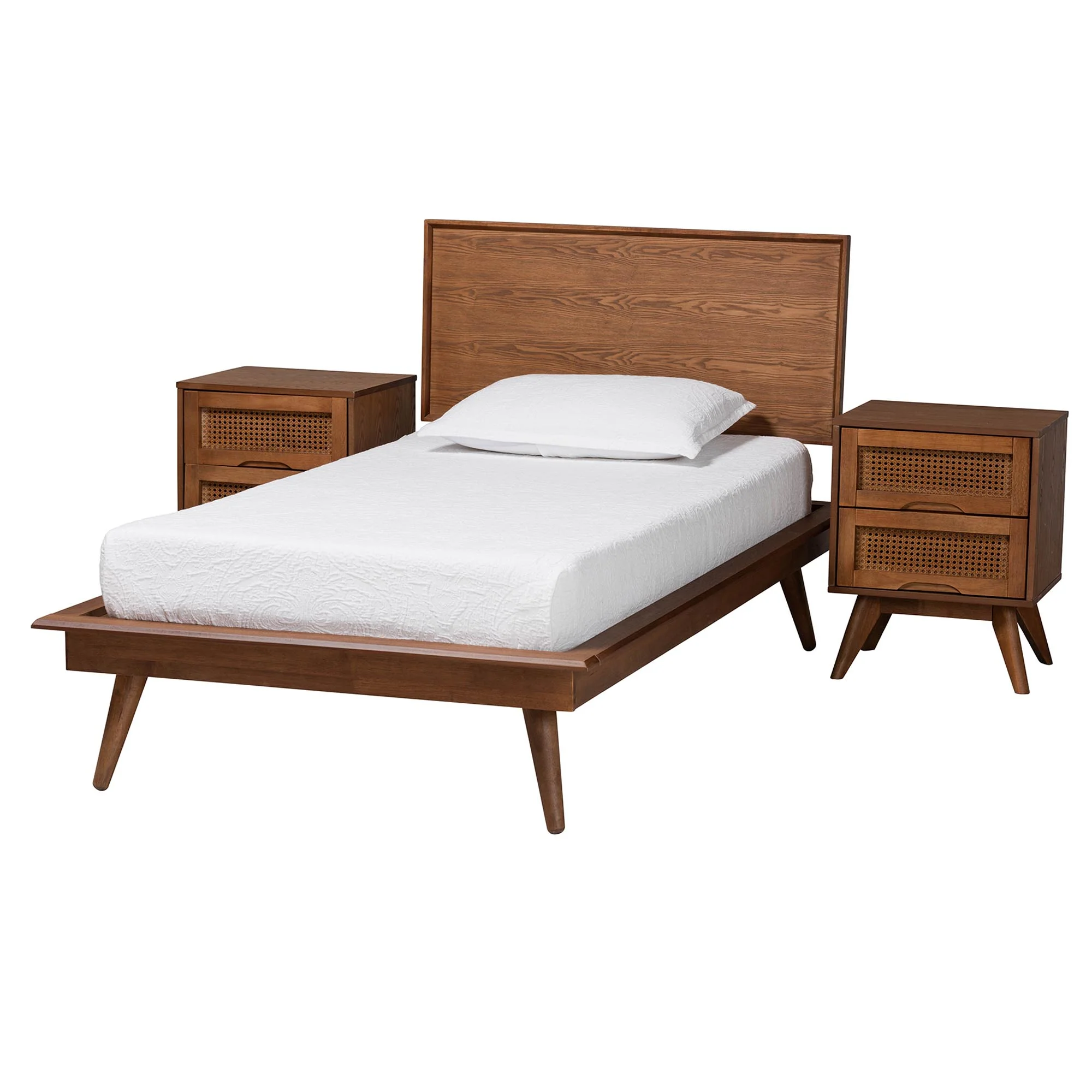 Baxton Studio Melora Mid-Century Modern Walnut Brown Finished Wood and Rattan Twin Size 3-Piece Bedroom Set - Image 5
