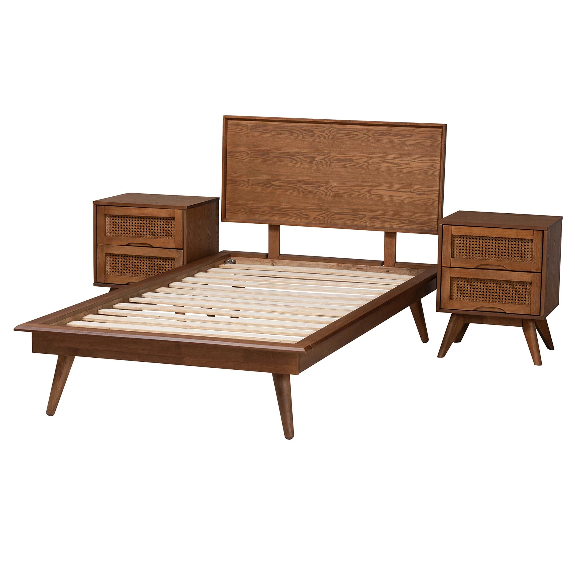 Baxton Studio Melora Mid-Century Modern Walnut Brown Finished Wood and Rattan Twin Size 3-Piece Bedroom Set - Image 6