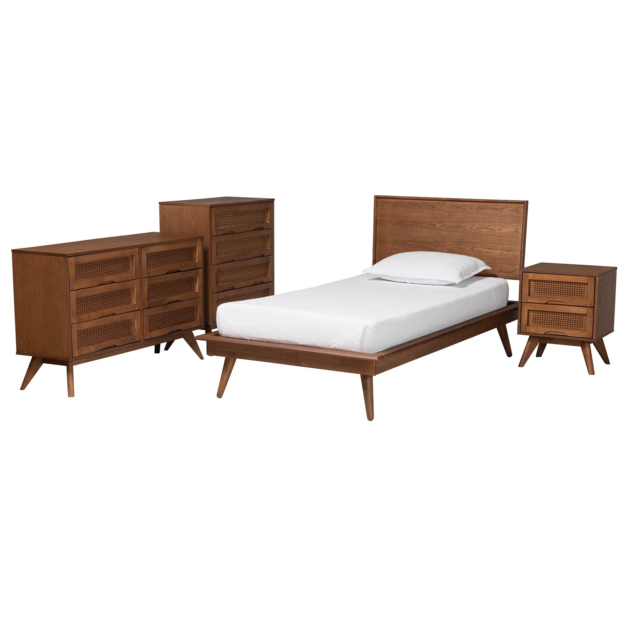 Baxton Studio Melora Mid-Century Modern Walnut Brown Finished Wood and Rattan Twin Size 4-Piece Bedroom Set - Image 6