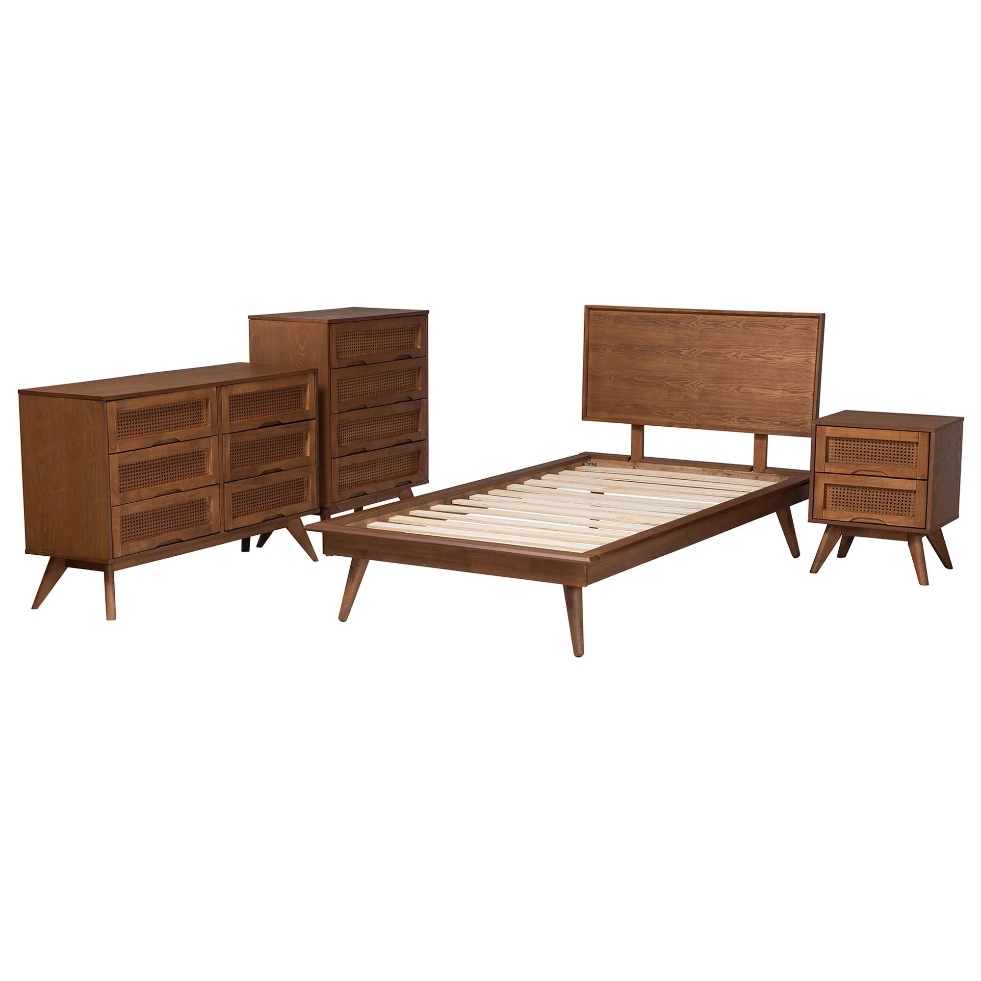 Baxton Studio Melora Mid-Century Modern Walnut Brown Finished Wood and Rattan Twin Size 4-Piece Bedroom Set - Image 7