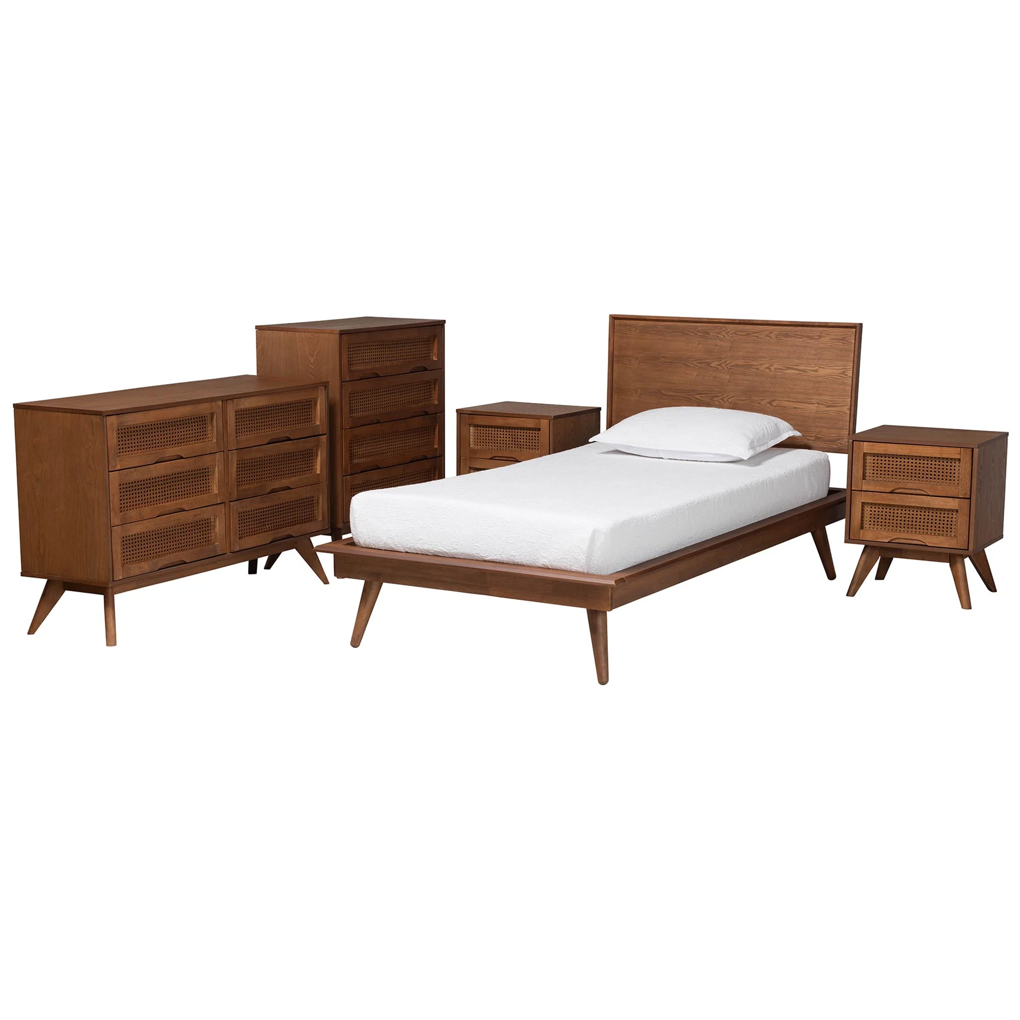Baxton Studio Melora Mid-Century Modern Walnut Brown Finished Wood and Rattan Twin Size 5-Piece Bedroom Set - Image 6