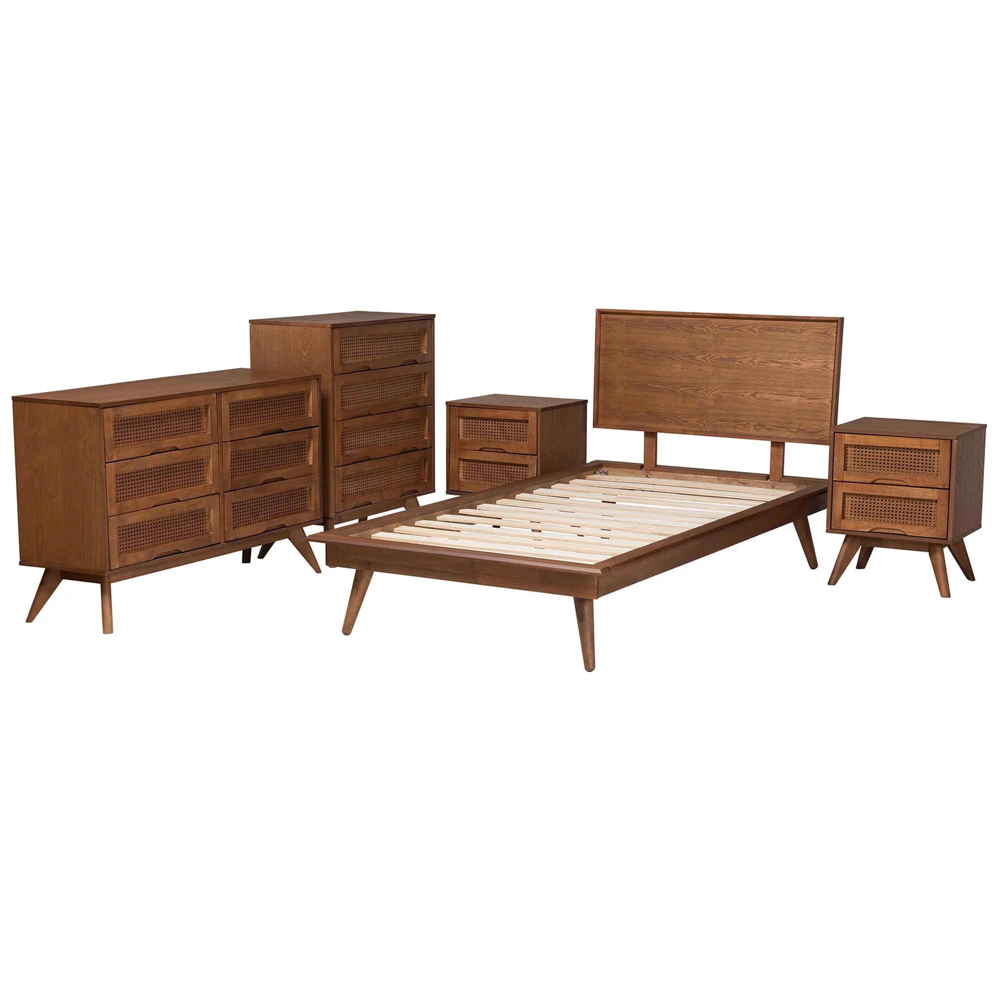 Baxton Studio Melora Mid-Century Modern Walnut Brown Finished Wood and Rattan Twin Size 5-Piece Bedroom Set - Image 7