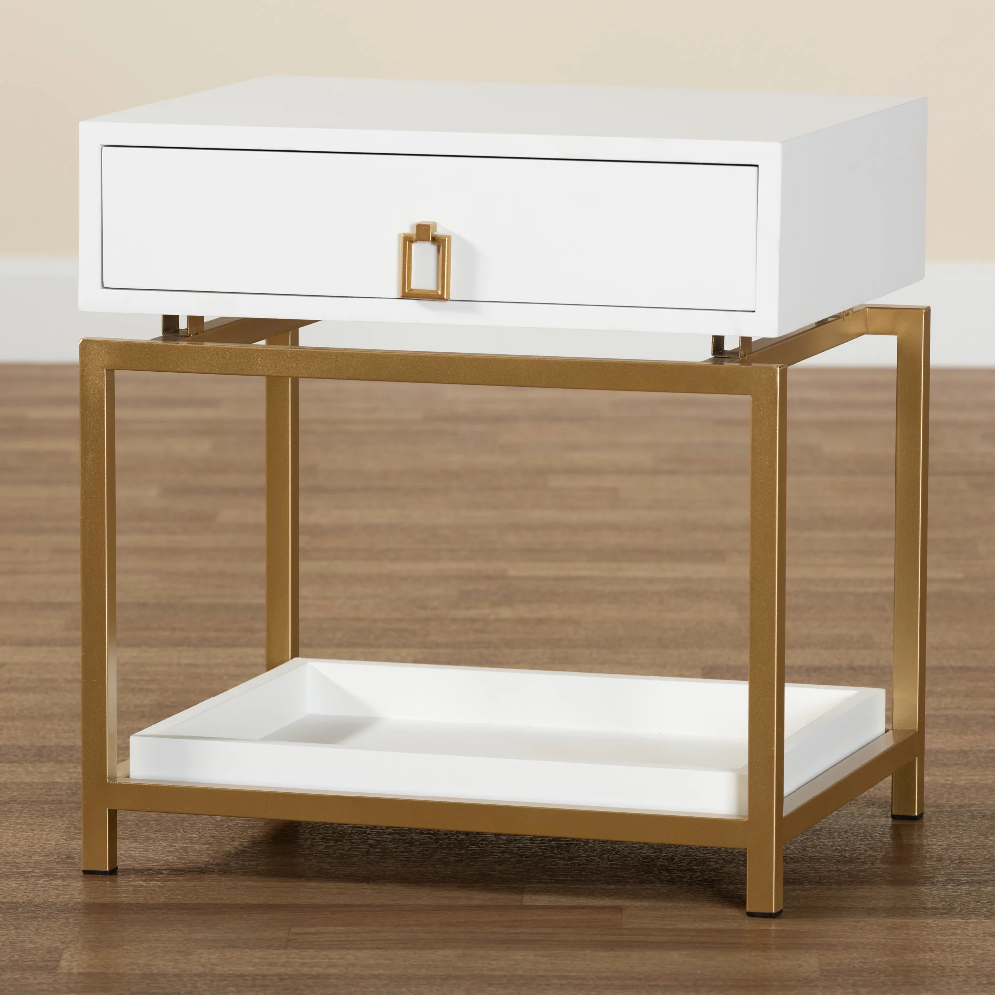 Baxton Studio Melosa Modern Glam and Luxe White Finished Wood and Gold Metal 1-Drawer End Table - Image 2