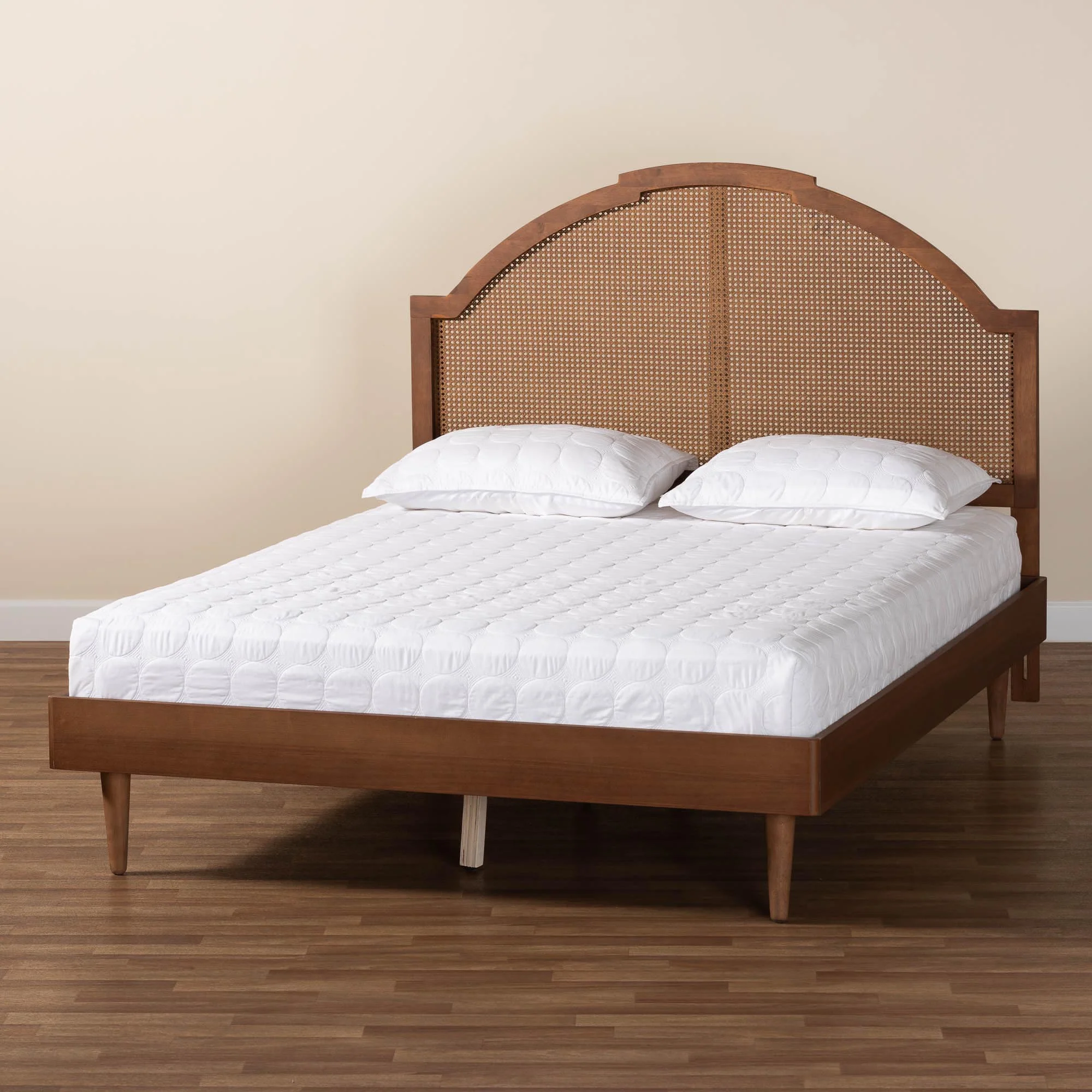 Baxton Studio Mendel Mid-Century Walnut Brown Wood and Rattan King Size Platform Bed - Image 2