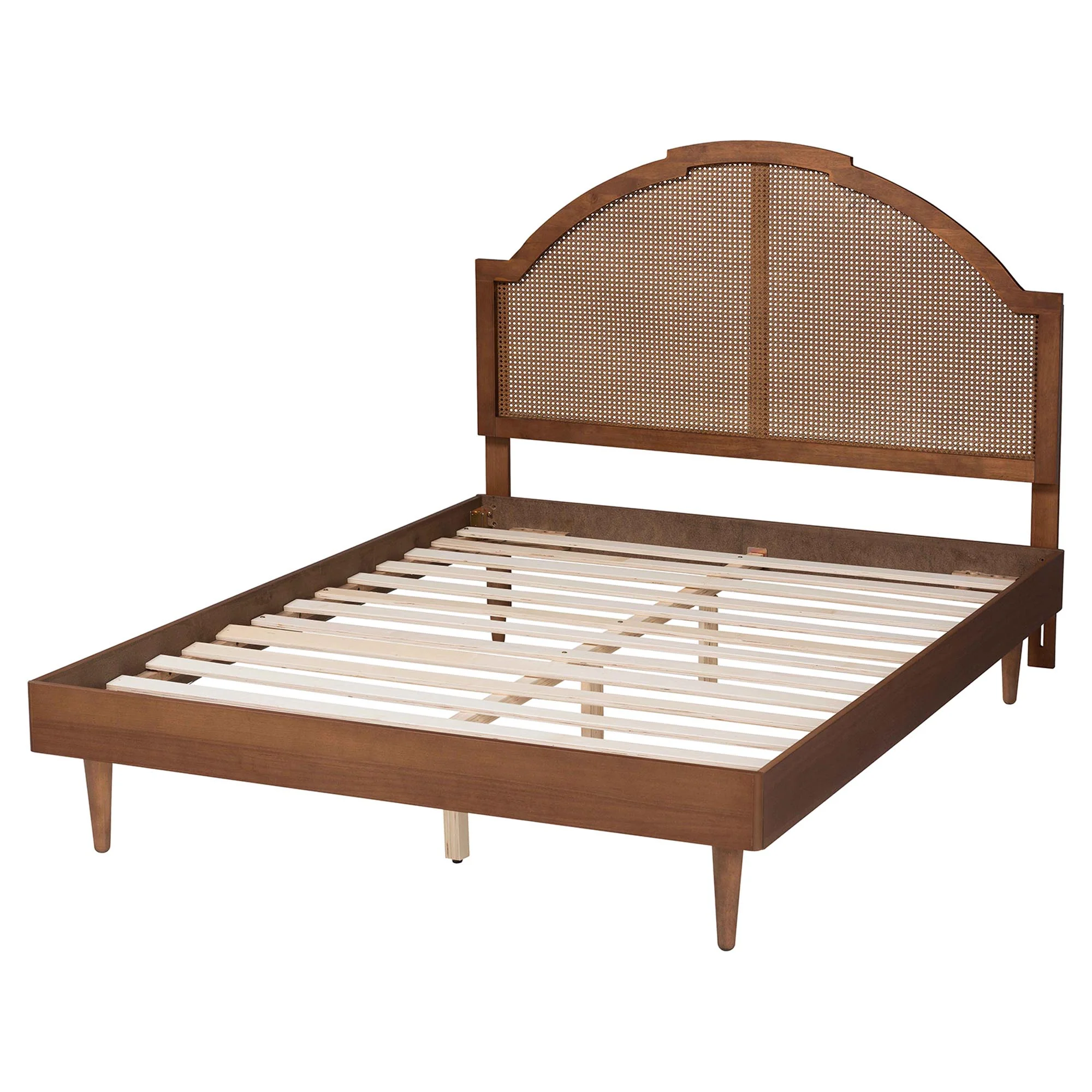 Baxton Studio Mendel Mid-Century Walnut Brown Wood and Rattan Queen Size Platform Bed - Image 8