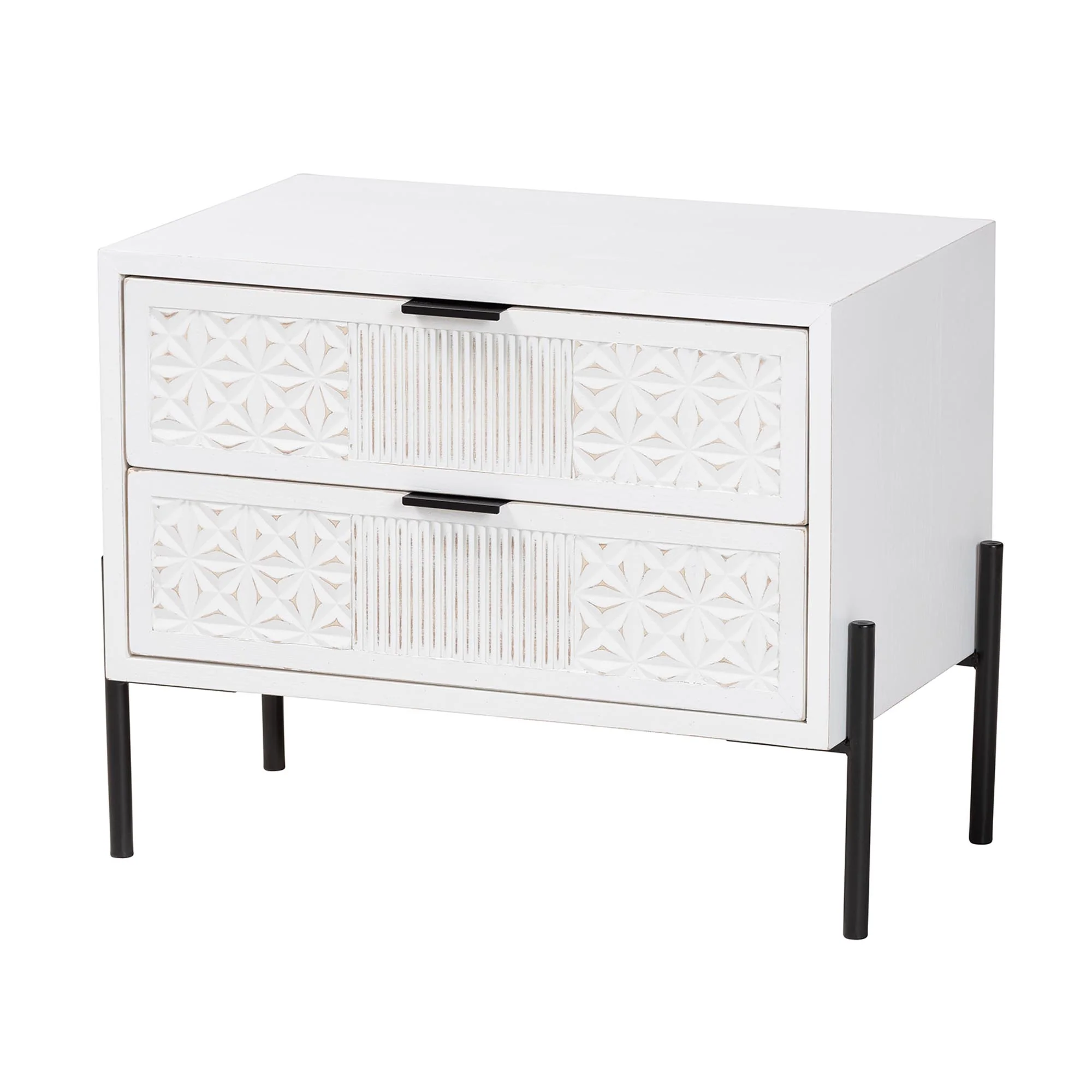 Baxton Studio Merryn Mid-Century Transitional Distressed White Finished Wood and Black Metal 2-Drawer Storage Cabinet - Image 2