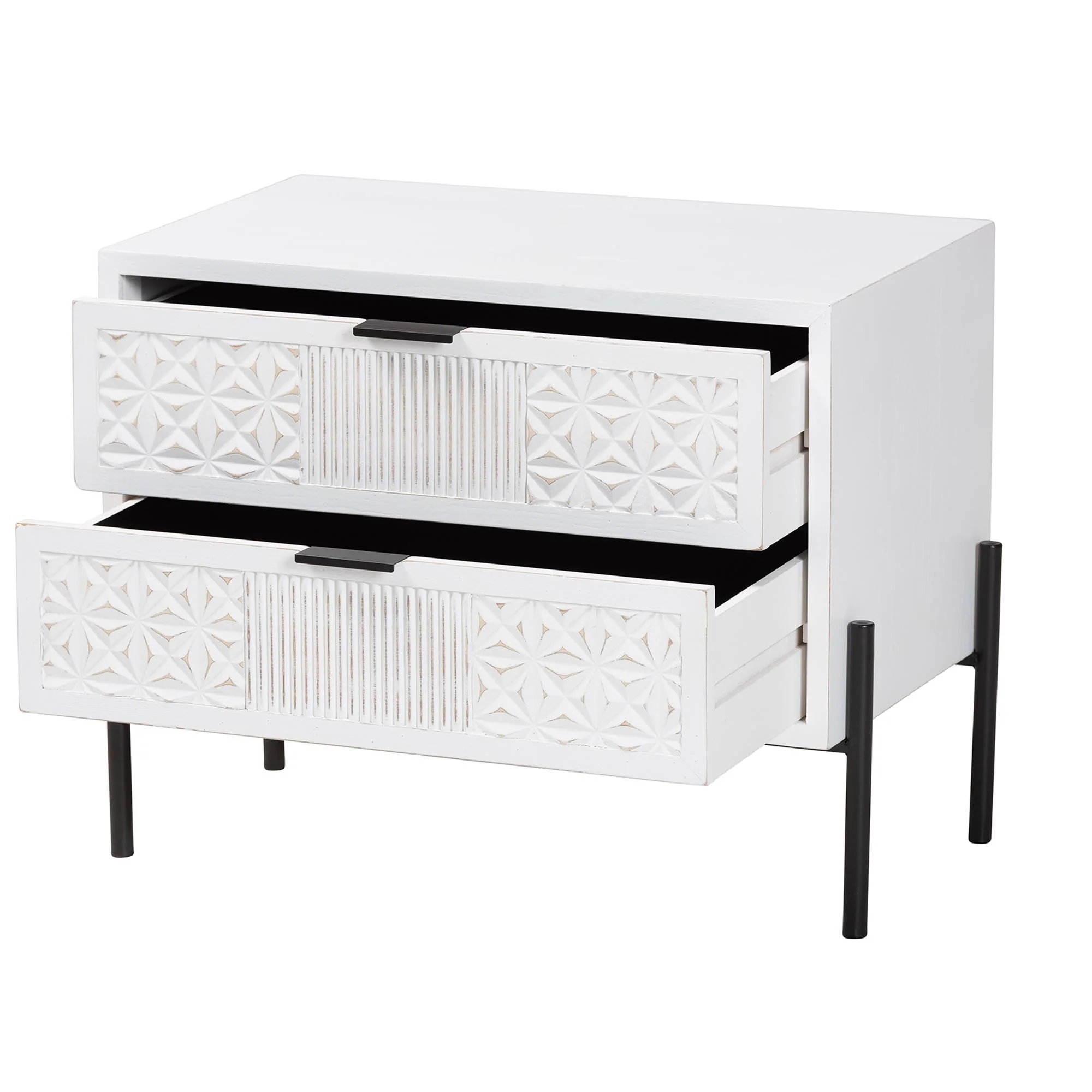 Baxton Studio Merryn Mid-Century Transitional Distressed White Finished Wood and Black Metal 2-Drawer Storage Cabinet - Image 3