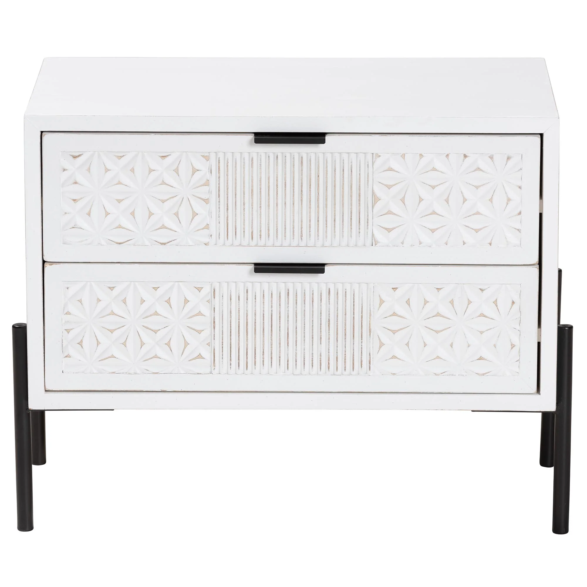 Baxton Studio Merryn Mid-Century Transitional Distressed White Finished Wood and Black Metal 2-Drawer Storage Cabinet - Image 4