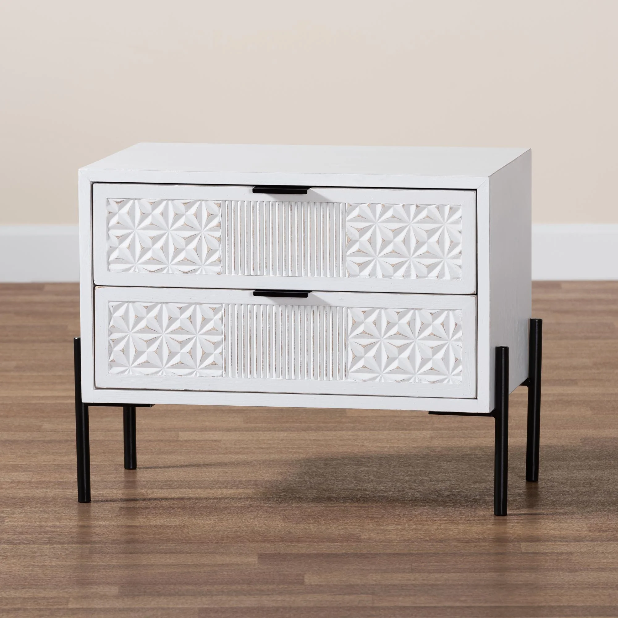 Baxton Studio Merryn Mid-Century Transitional Distressed White Finished Wood and Black Metal 2-Drawer Storage Cabinet - Image 9