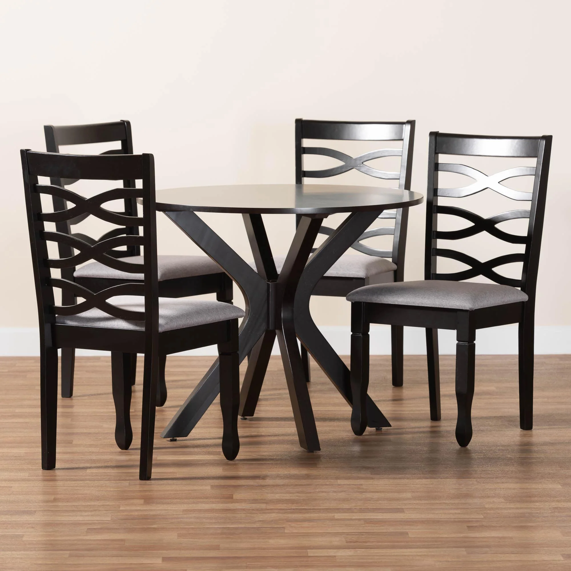 Baxton Studio Mila Modern Grey Fabric and Dark Brown Finished Wood 5-Piece Dining Set - Image 9