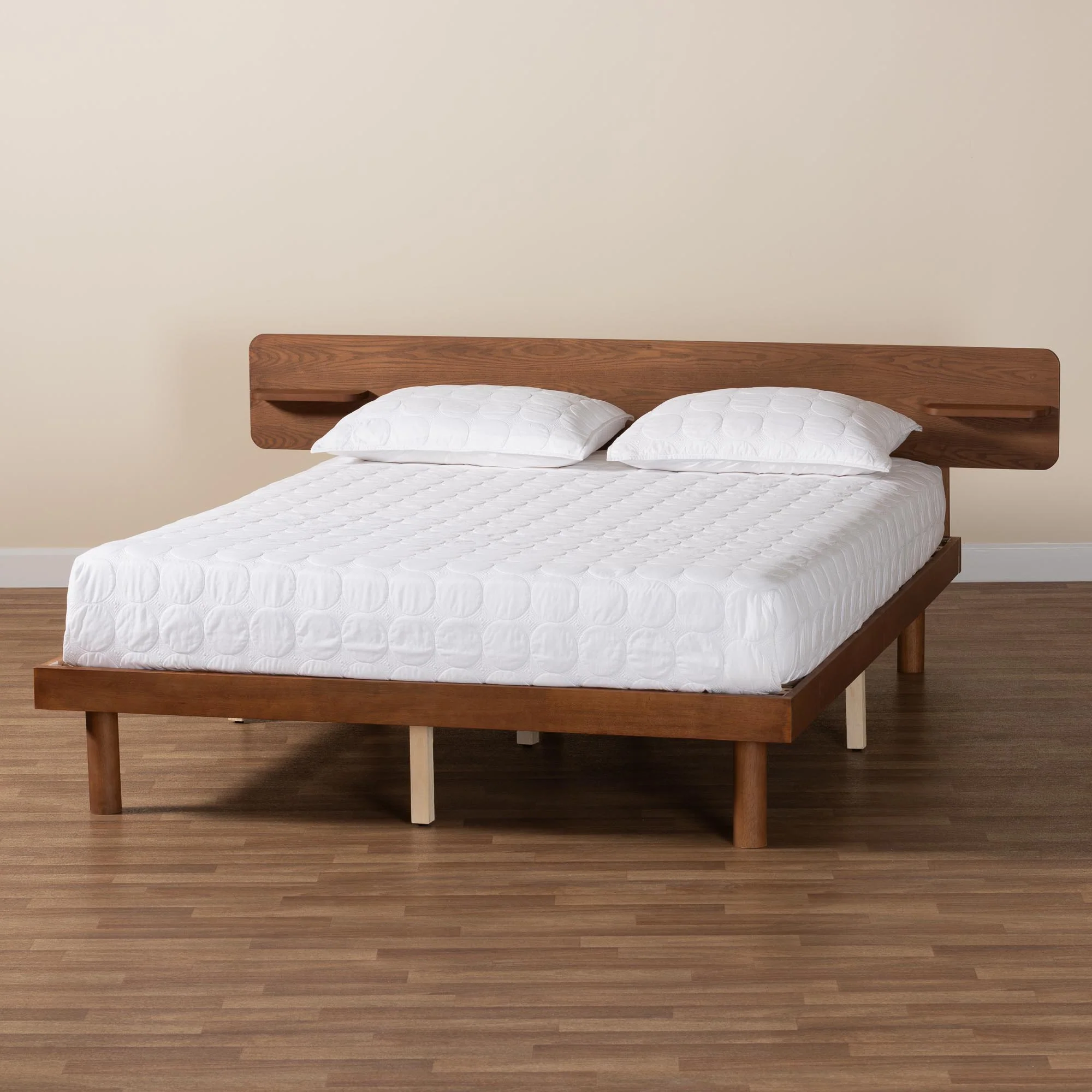 Baxton Studio Morana Mid-Century Modern Walnut Brown Finished Wood Queen Size Platform Bed with Built-in Shelf - Image 9