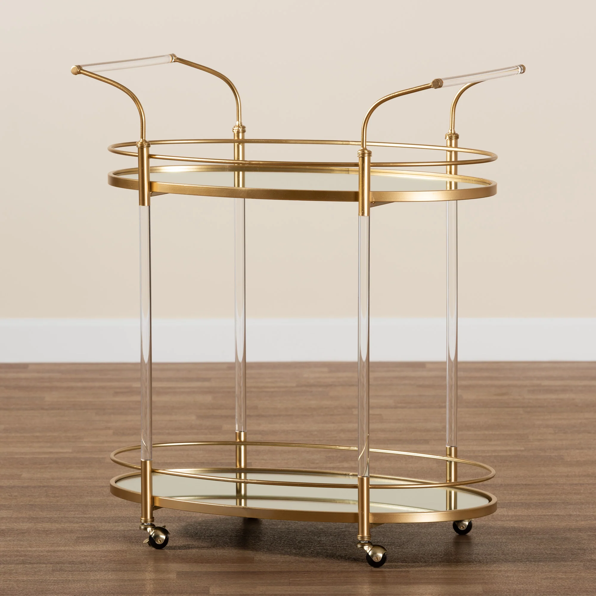 Baxton Studio Nakano Contemporary Glam and Luxe Gold Metal and Mirrored Glass 2-Tier Wine Cart - Image 7