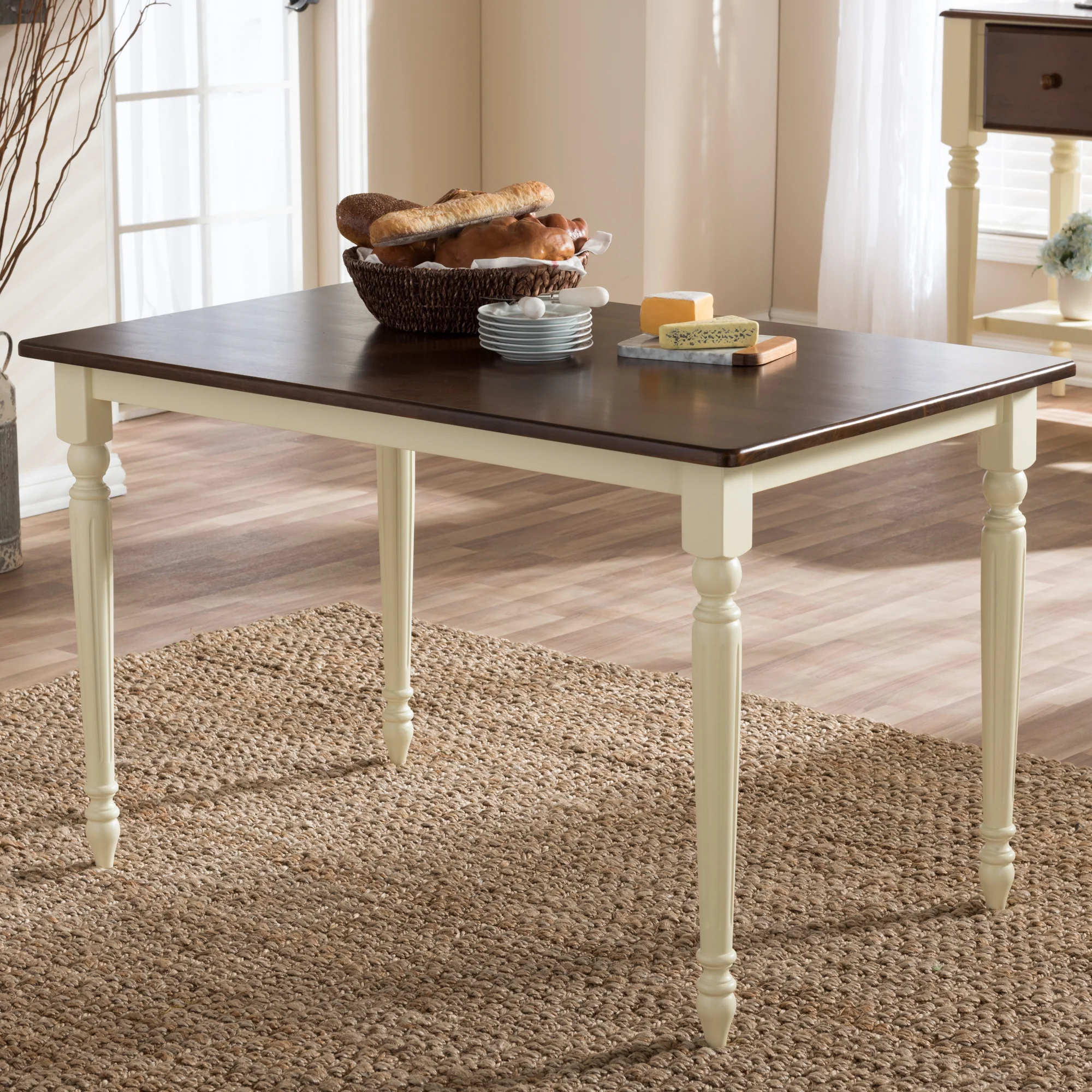Baxton Studio Napoleon French Country Cottage Buttermilk and "Cherry" Brown Finishing Wood Dining Table - Image 6