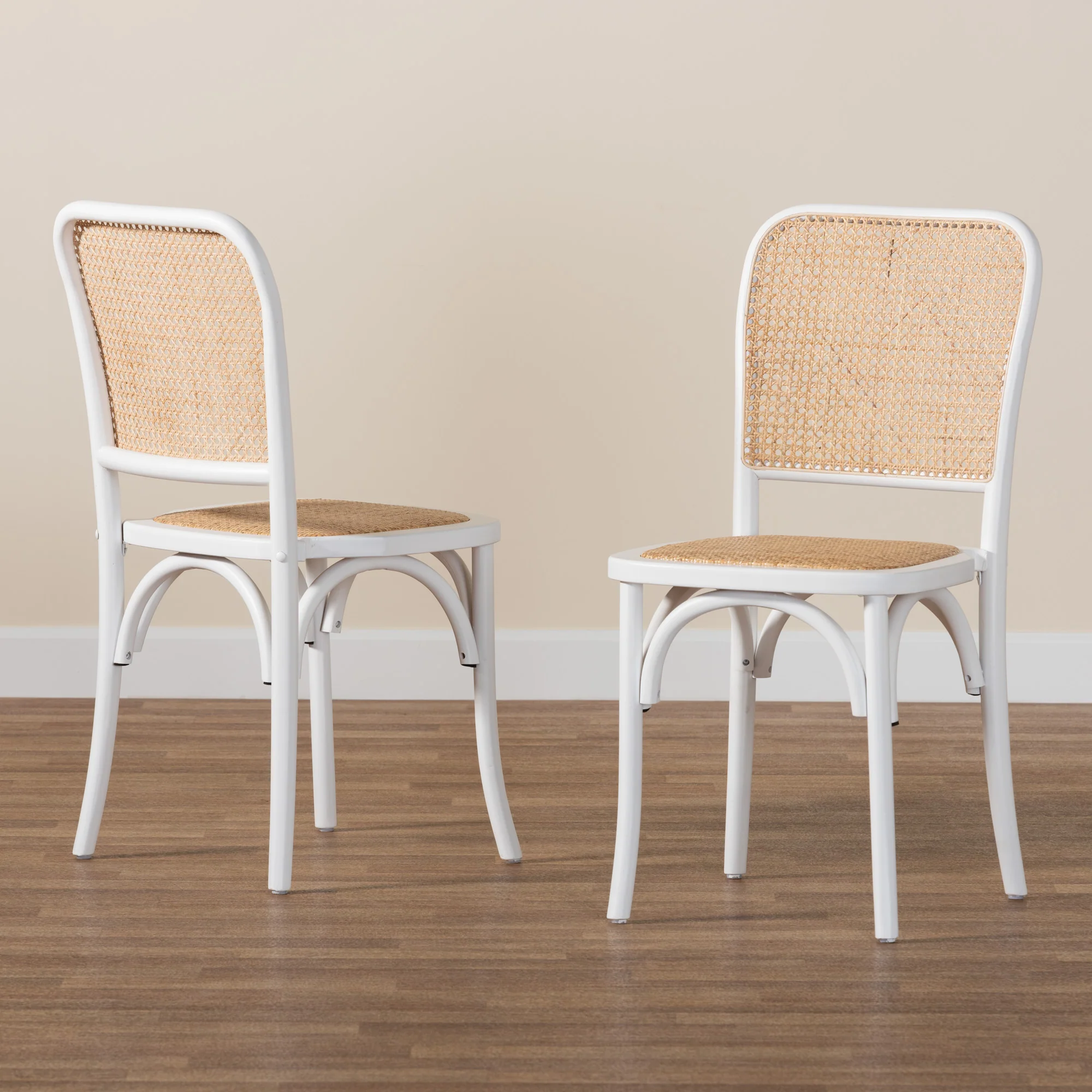 Baxton Studio Neah Japandi White Wood and Natural Rattan 2-Piece Dining Chair Set - Image 2