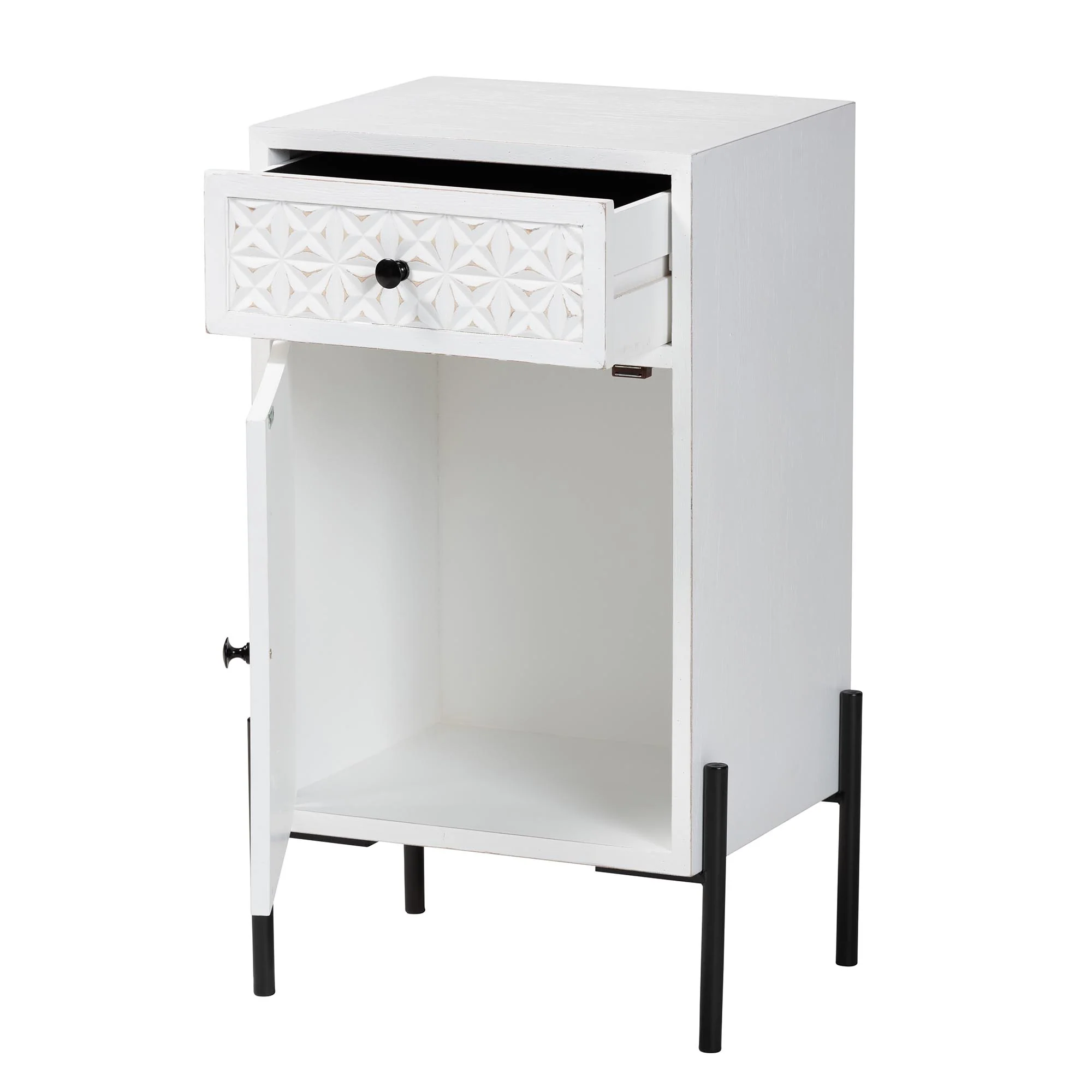 Baxton Studio Nefeli Mid-Century Transitional White Finished Wood and Black Metal 1-Drawer Storage Cabinet - Image 3