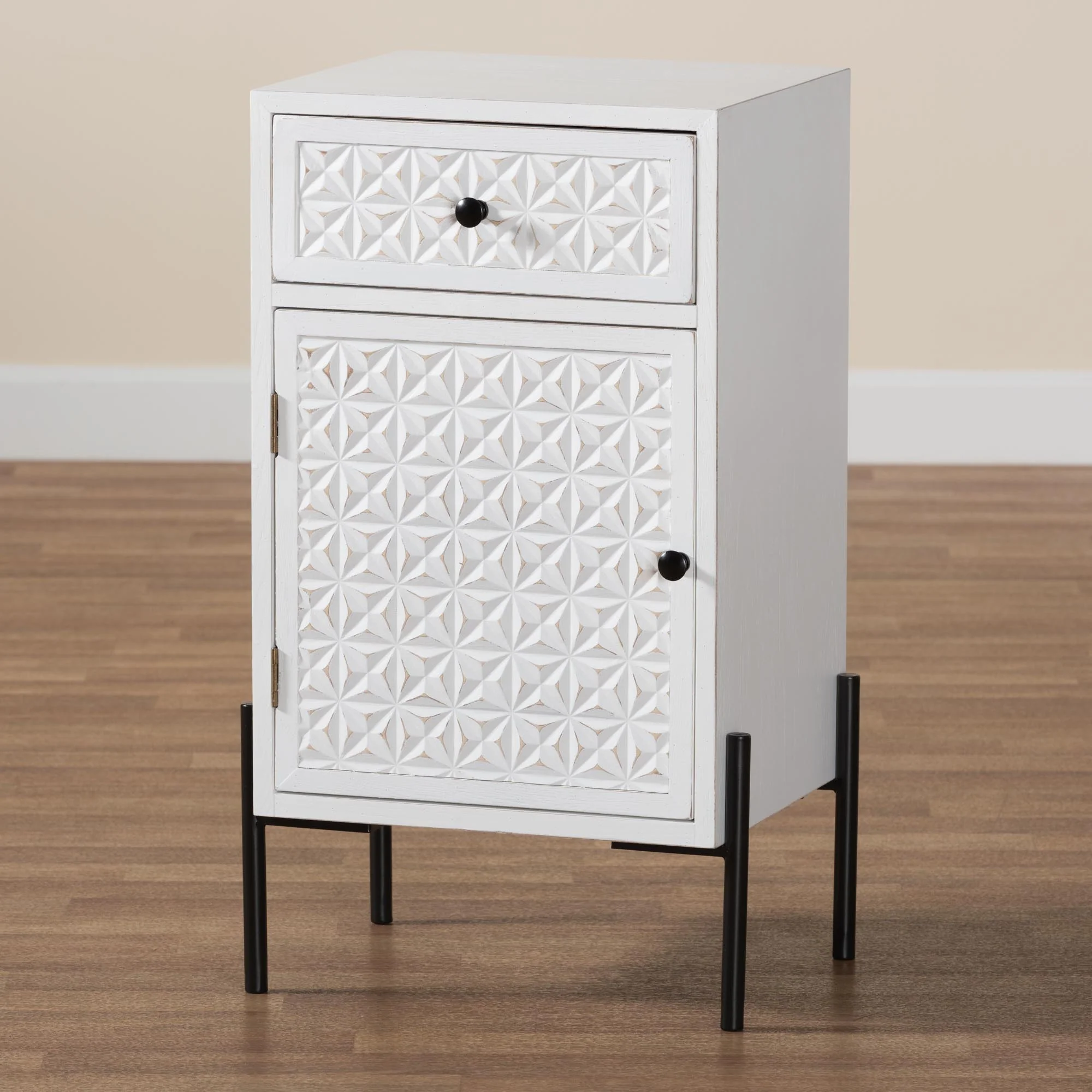 Baxton Studio Nefeli Mid-Century Transitional White Finished Wood and Black Metal 1-Drawer Storage Cabinet - Image 9