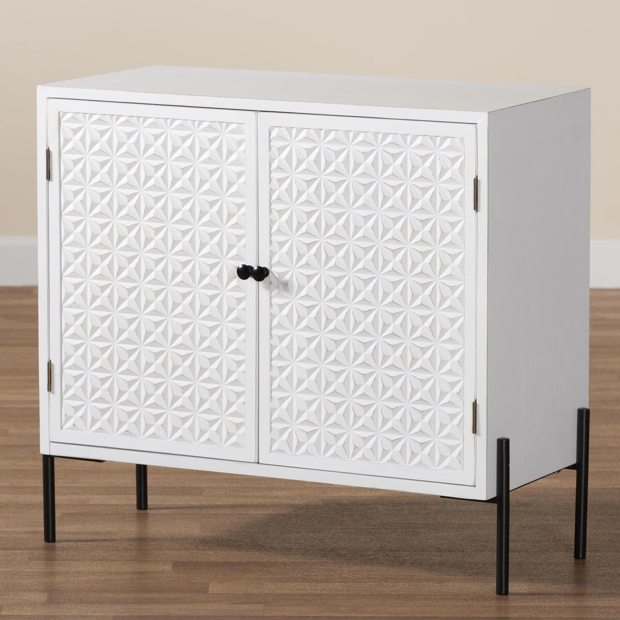 Baxton Studio Nefeli Mid-Century Transitional White Finished Wood and Black Metal 2-Door Storage Cabinet - Image 9