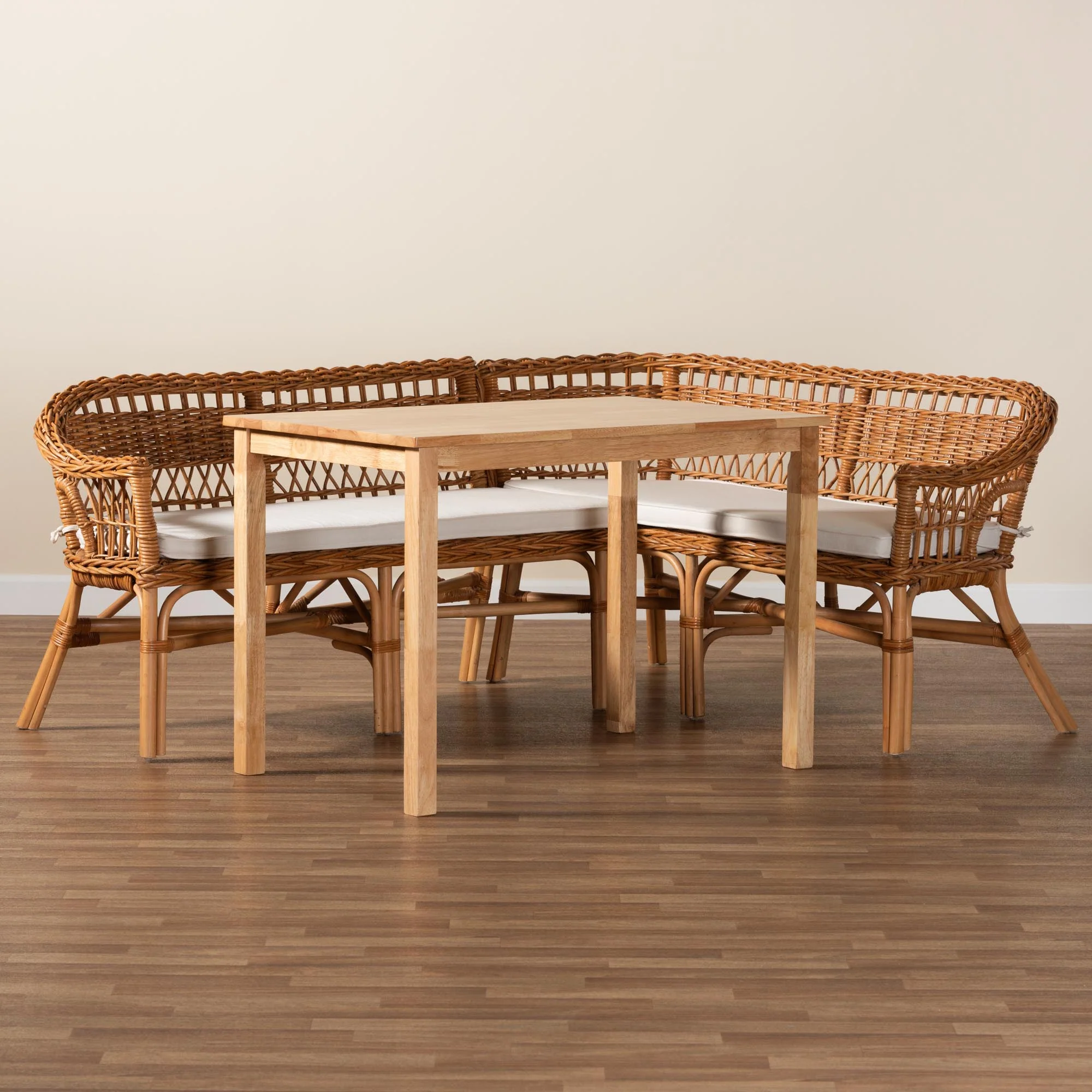 Baxton Studio Nella Modern Bohemian Natural Brown Finished Wood and Rattan 3-Piece Dining Nook Set - Image 3