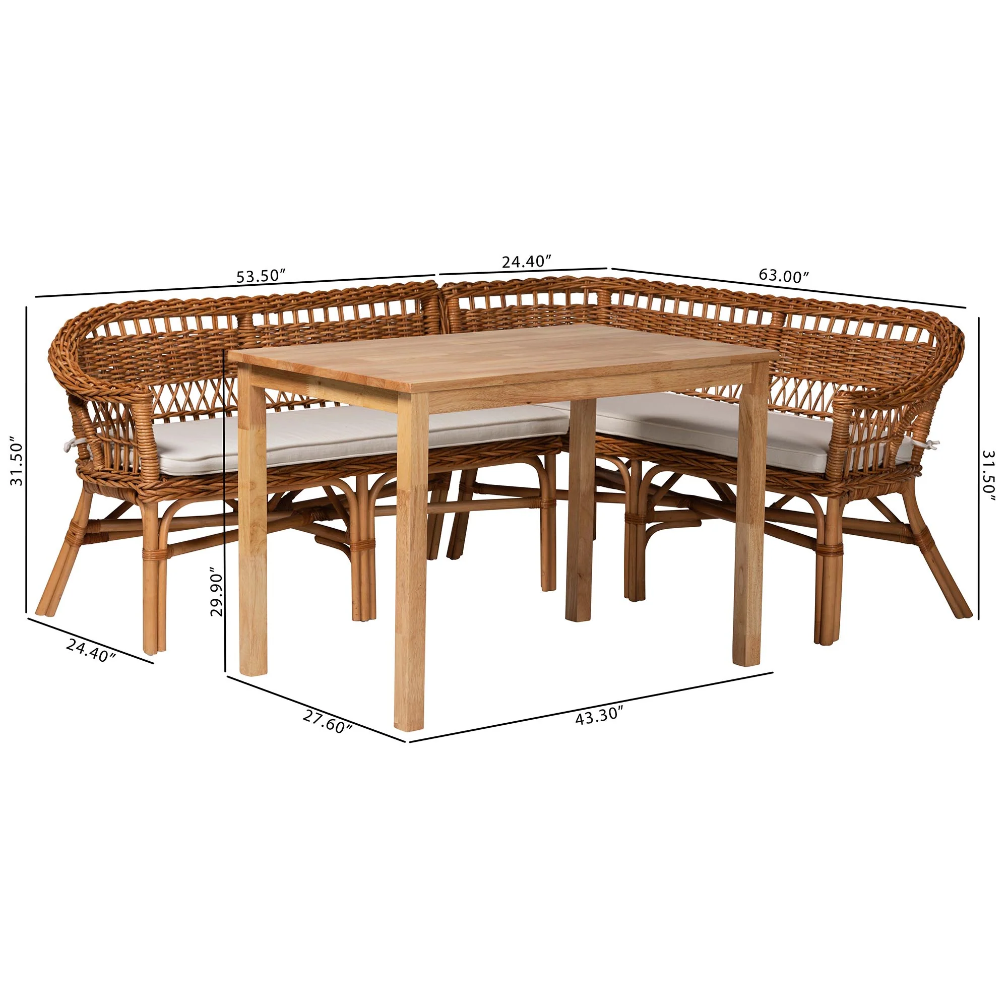 Baxton Studio Nella Modern Bohemian Natural Brown Finished Wood and Rattan 3-Piece Dining Nook Set - Image 4