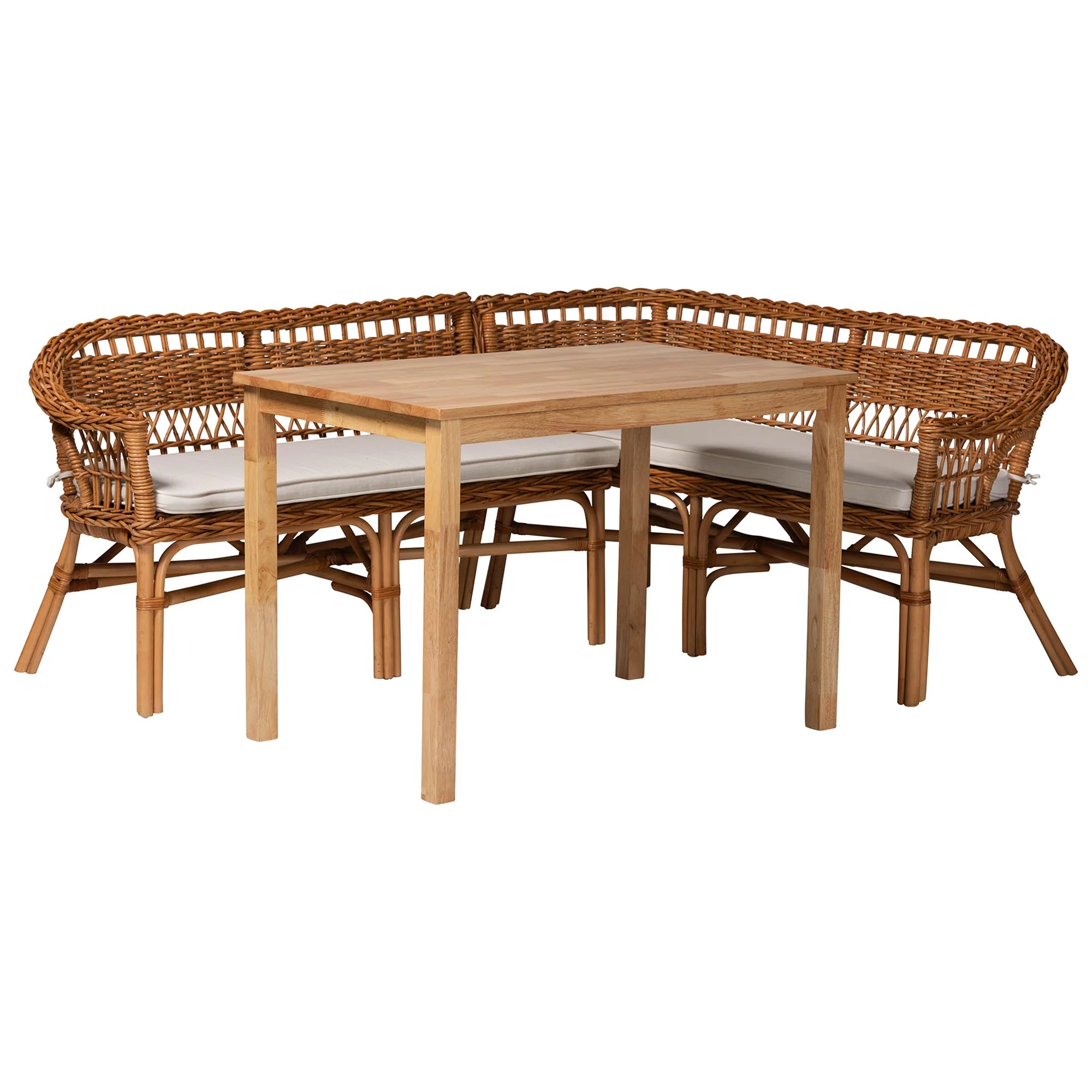 Baxton Studio Nella Modern Bohemian Natural Brown Finished Wood and Rattan 3-Piece Dining Nook Set - Image 5