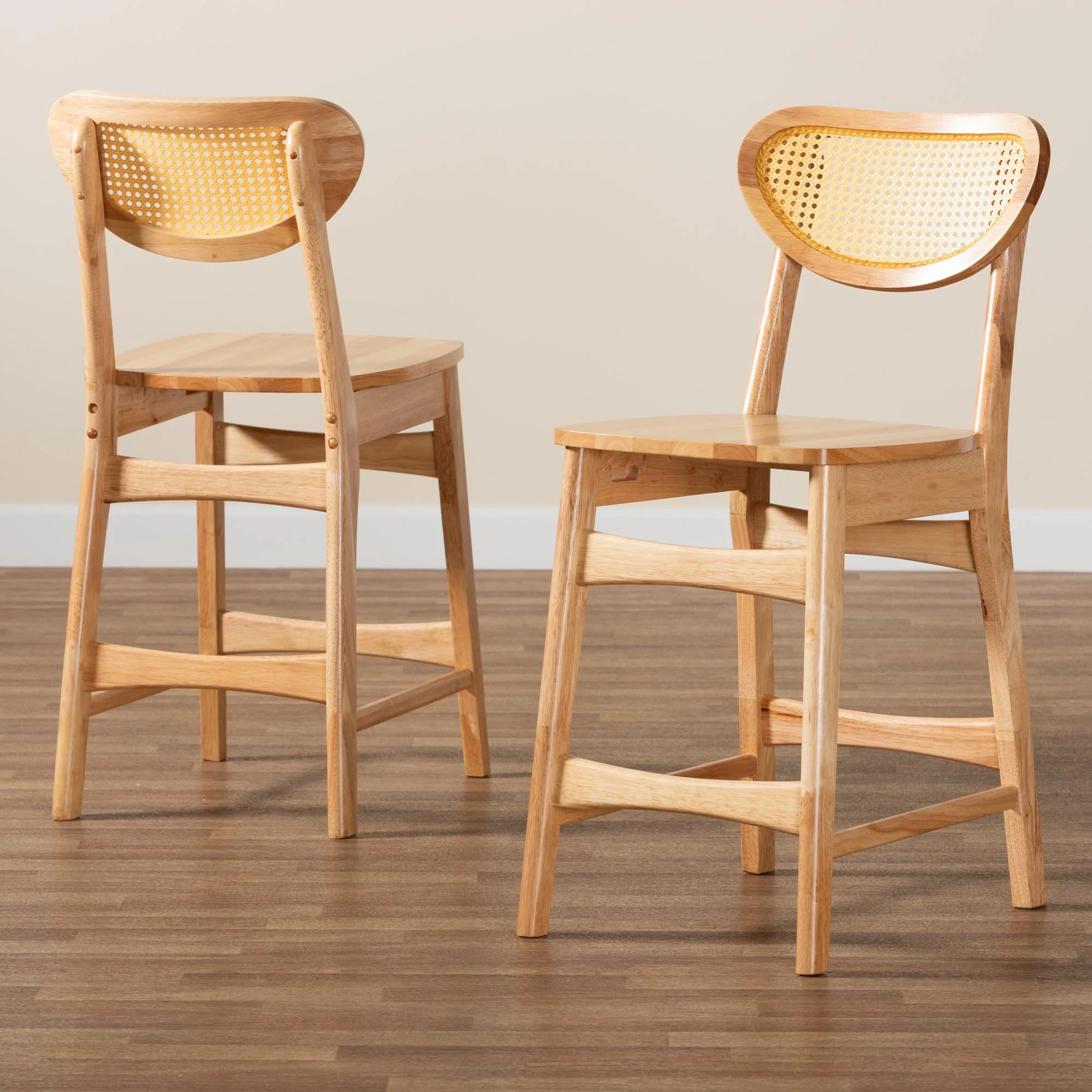 Baxton Studio Nenet Mid-Century Modern Oak Brown Finished Wood and Rattan 2-Piece Counter Stool Set - Image 9