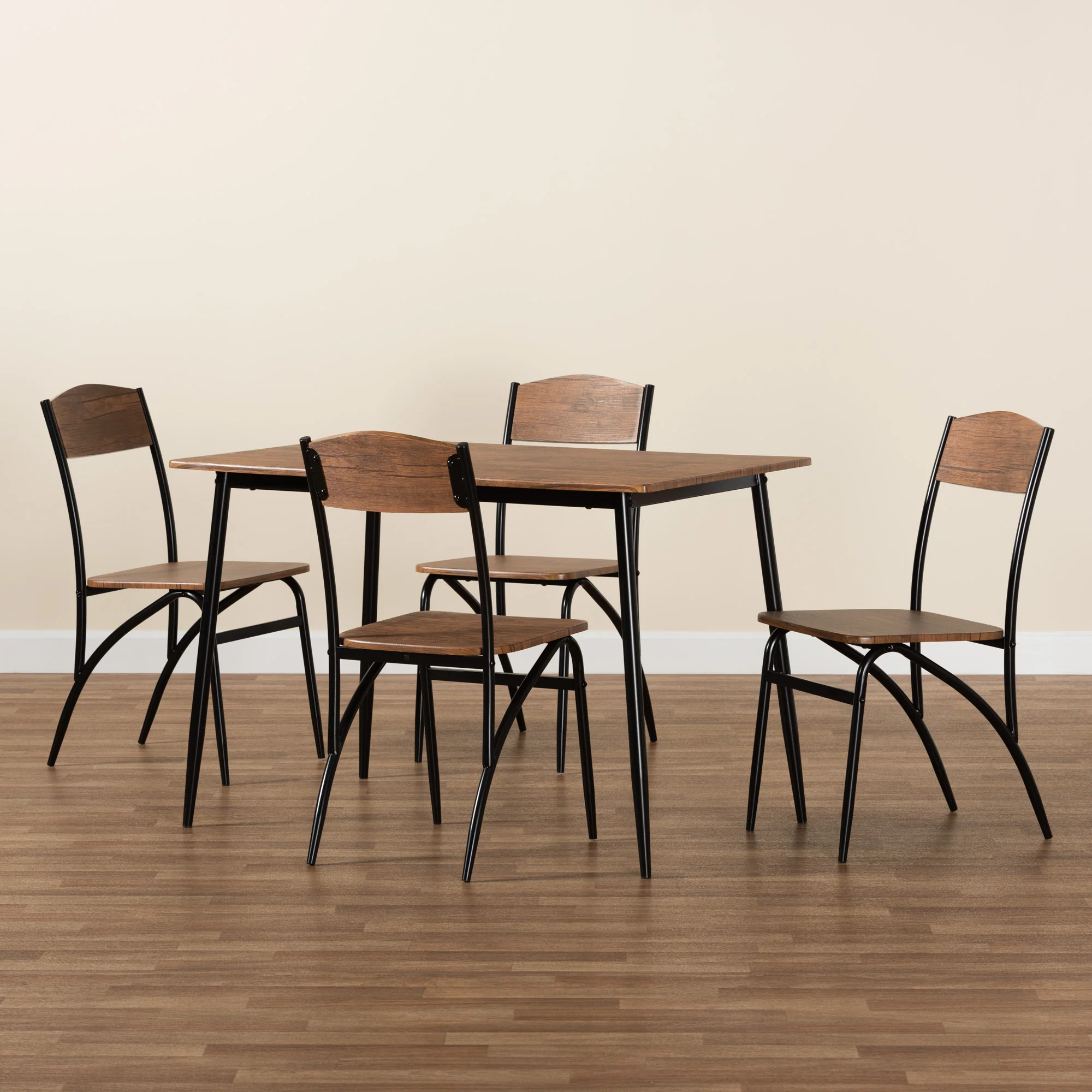 Baxton Studio Neona Modern Industrial Walnut Brown Finished Wood and Black Metal 5-Piece Dining Set - Image 9