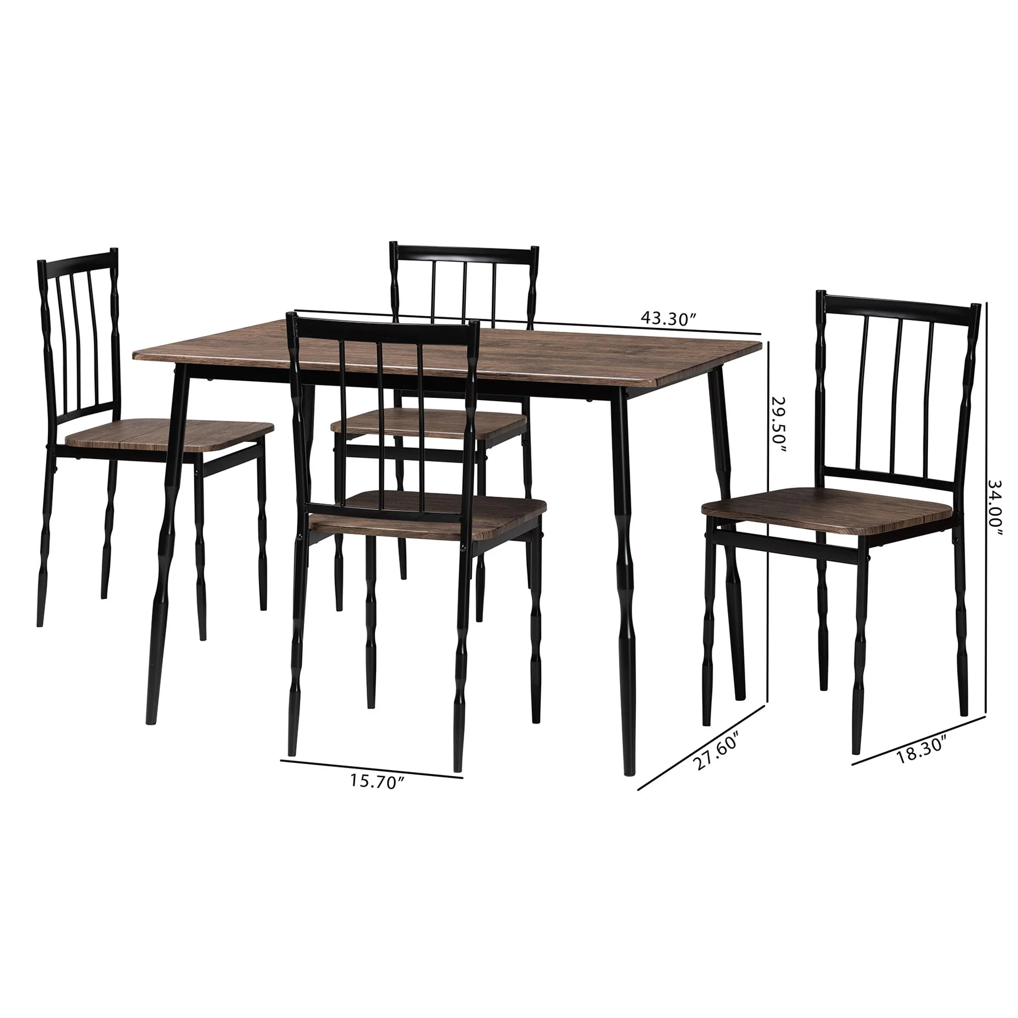 Baxton Studio Nevan Modern Industrial Brown Wood and Metal 5-Piece Dining Set - Image 3