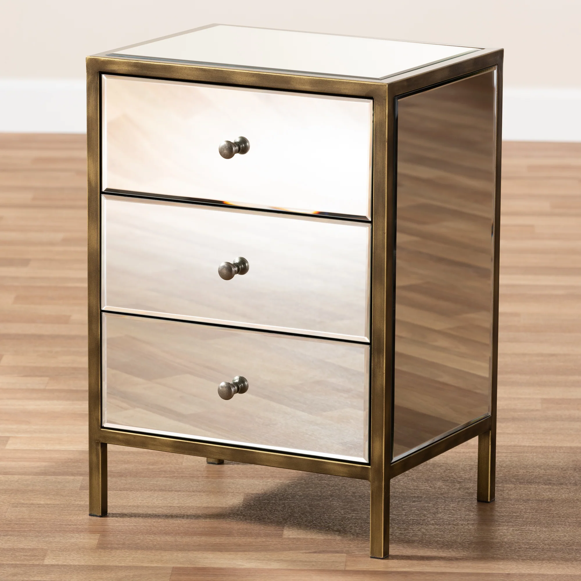 Baxton Studio Nouria Modern and Contemporary Hollywood Regency Glamour Style Mirrored 3-Drawer End Table - Image 6