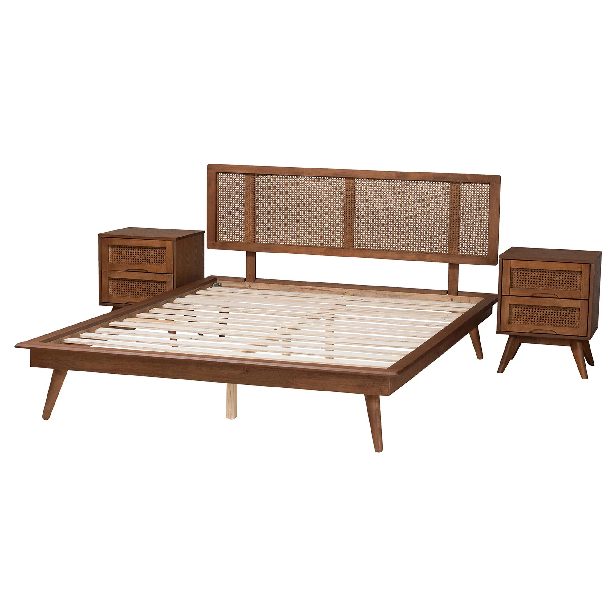 Baxton Studio Nura Mid-Century Modern Walnut Brown Finished Wood and Rattan Full Size 3-Piece Bedroom Set - Image 6