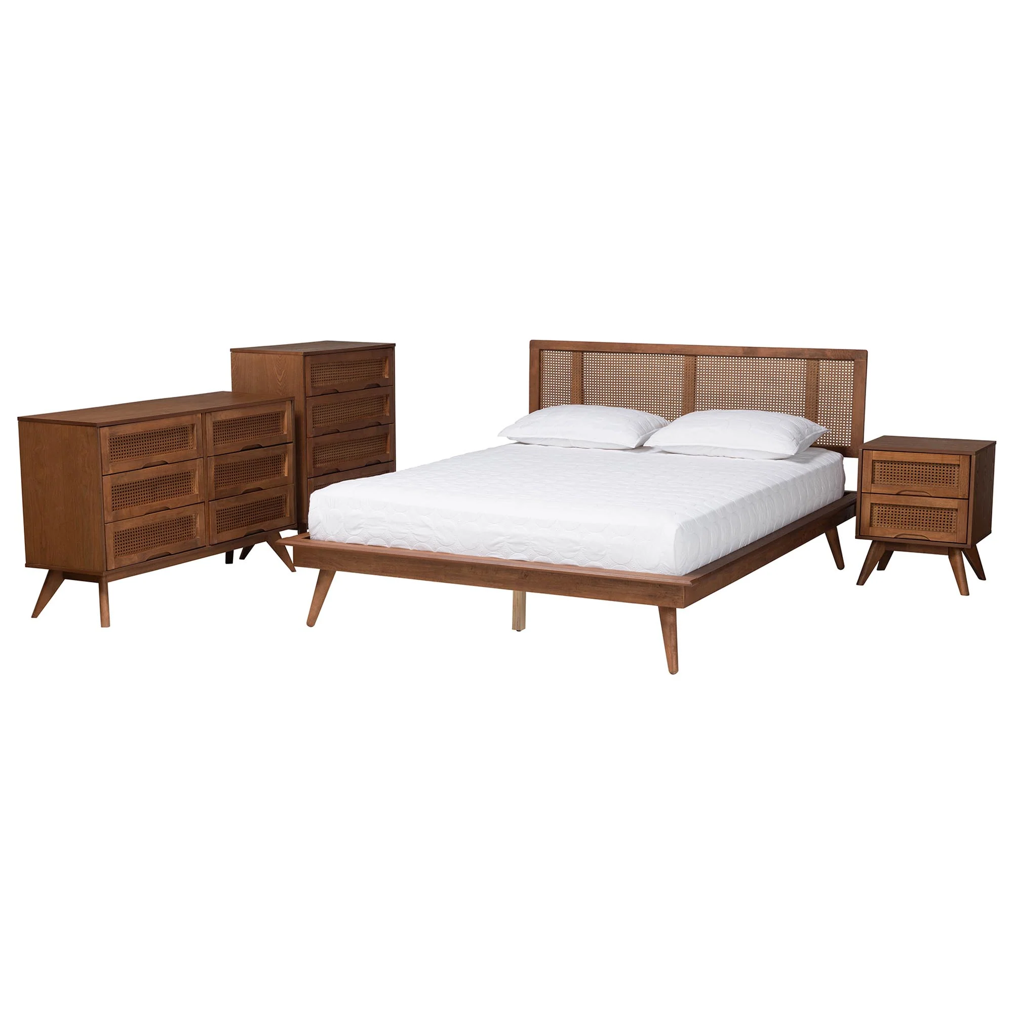 Baxton Studio Nura Mid-Century Modern Walnut Brown Finished Wood and Rattan Full Size 4-Piece Bedroom Set - Image 6