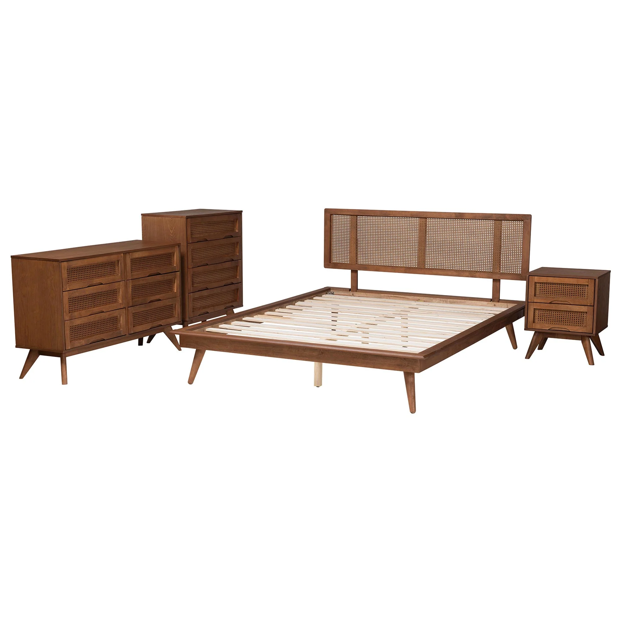 Baxton Studio Nura Mid-Century Modern Walnut Brown Finished Wood and Rattan King Size 4-Piece Bedroom Set - Image 7