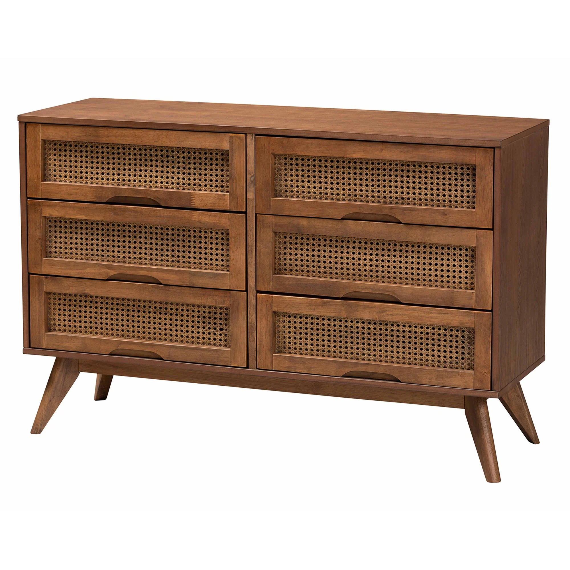 Baxton Studio Nura Mid-Century Modern Walnut Brown Finished Wood and Rattan King Size 5-Piece Bedroom Set - Image 11