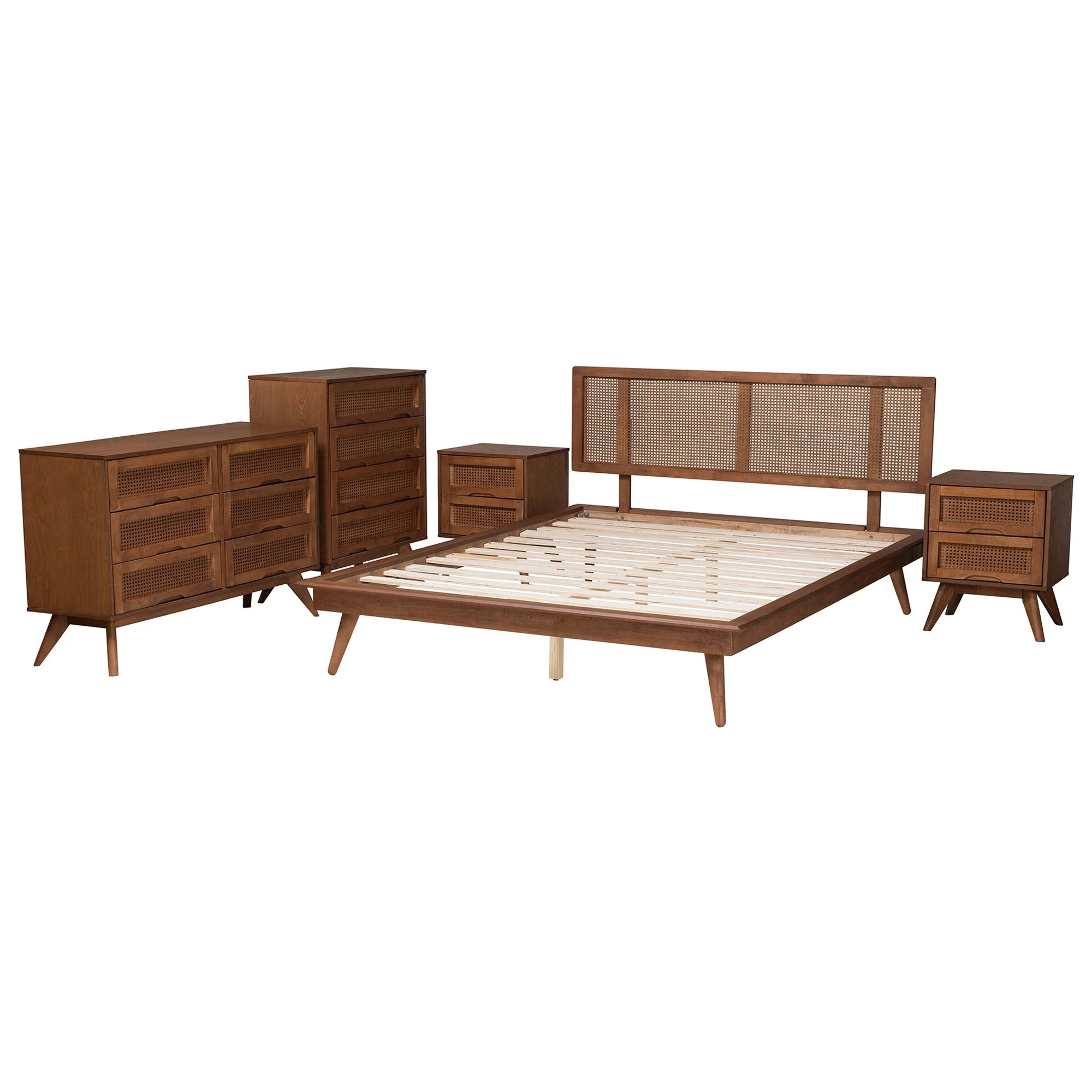 Baxton Studio Nura Mid-Century Modern Walnut Brown Finished Wood and Rattan King Size 5-Piece Bedroom Set - Image 7