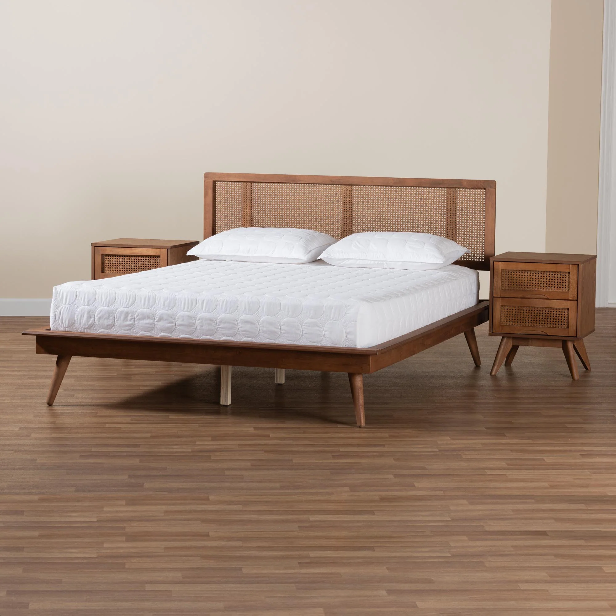 Baxton Studio Nura Mid-Century Modern Walnut Brown Finished Wood and Rattan Queen Size 3-Piece Bedroom Set - Image 4