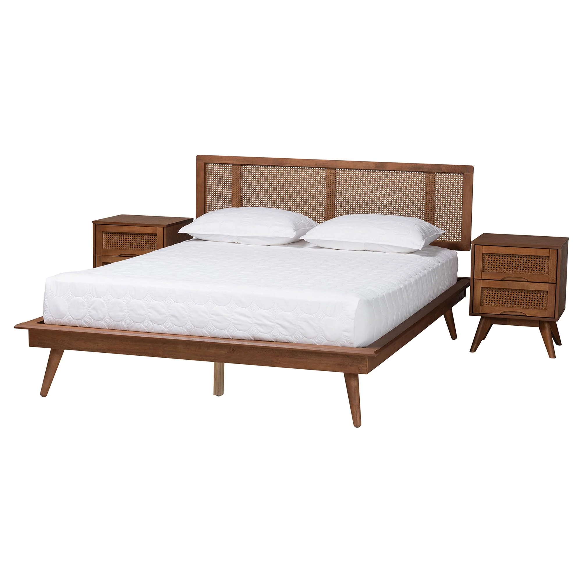 Baxton Studio Nura Mid-Century Modern Walnut Brown Finished Wood and Rattan Queen Size 3-Piece Bedroom Set - Image 5