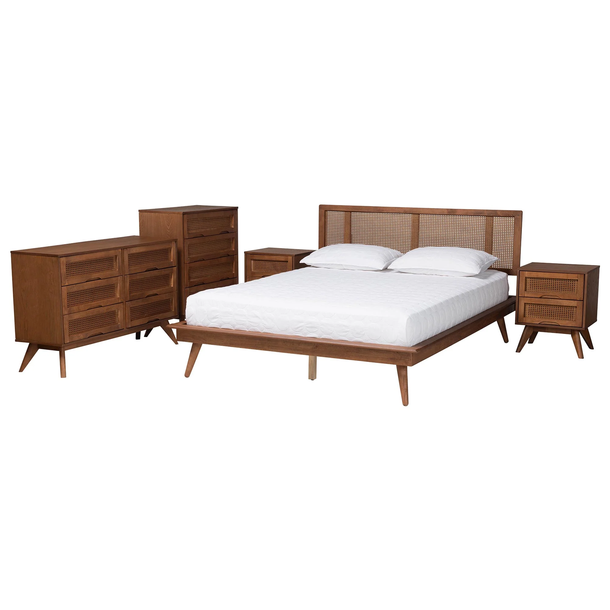 Baxton Studio Nura Mid-Century Modern Walnut Brown Finished Wood and Rattan Queen Size 5-Piece Bedroom Set - Image 6