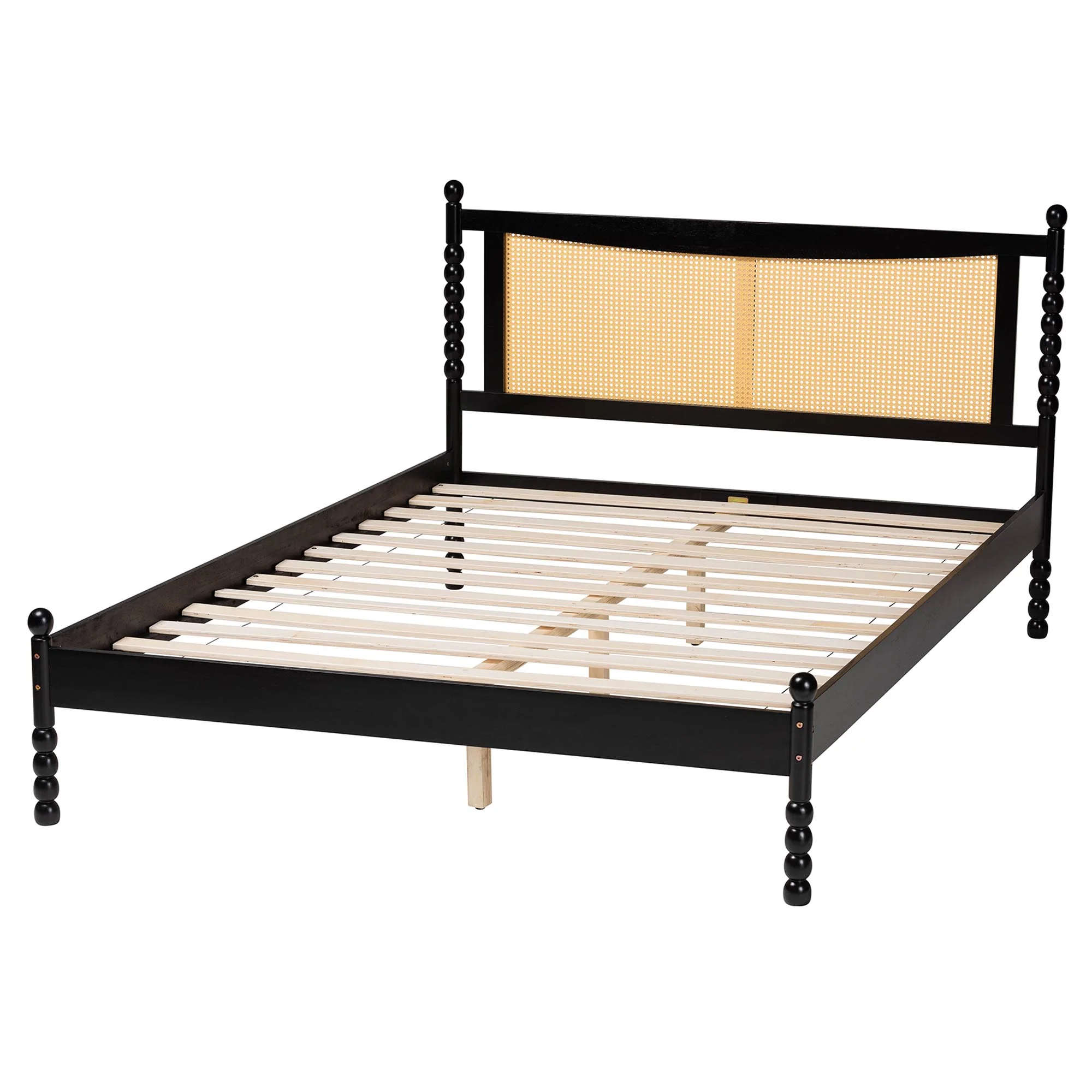 Baxton Studio Okena Mid-Century Modern Black Wood Queen Size Platform Bed with Woven Rattan - Image 4