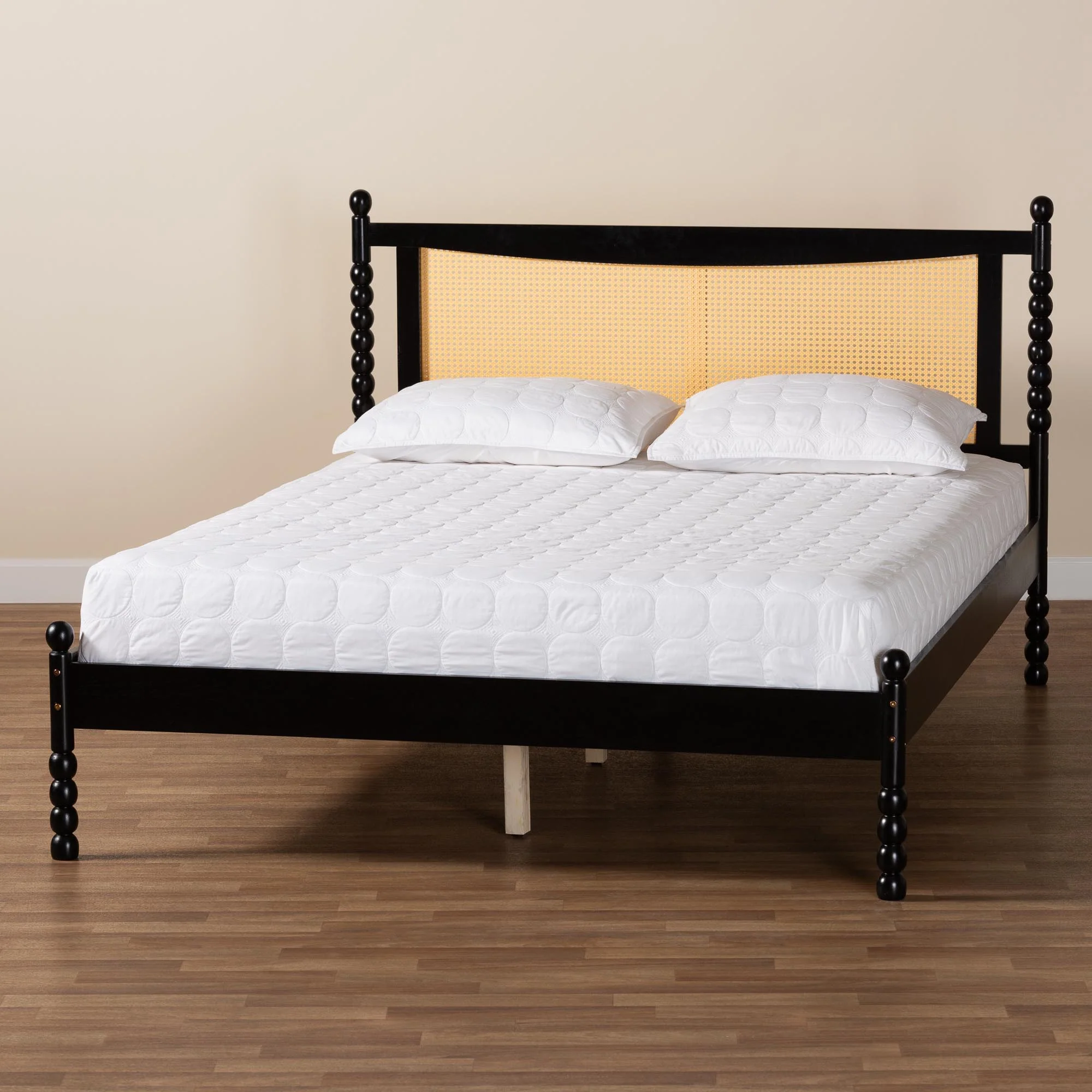 Baxton Studio Okena Mid-Century Modern Black Wood Queen Size Platform Bed with Woven Rattan - Image 9