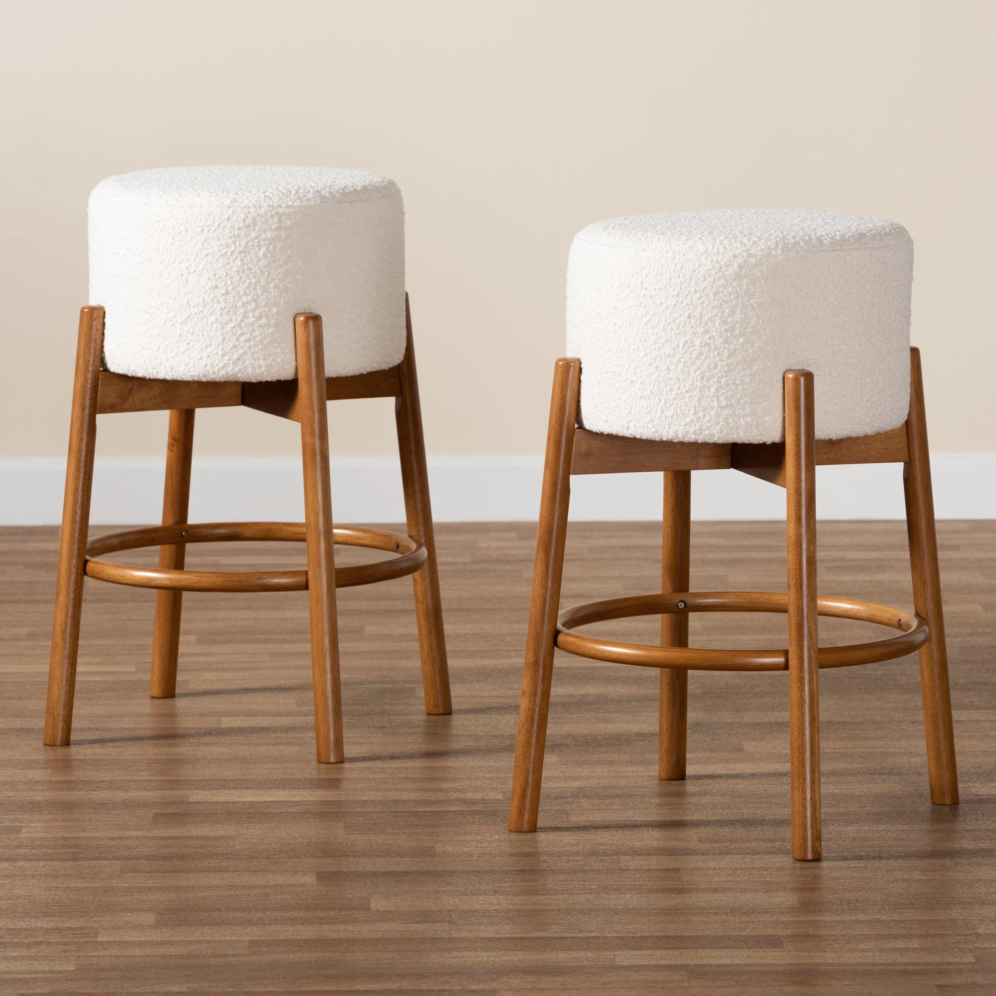 Baxton Studio Olwen Modern Japandi Cream Boucle Fabric and Walnut Brown Finished Wood 2-Piece Bar Stool Set - Image 6