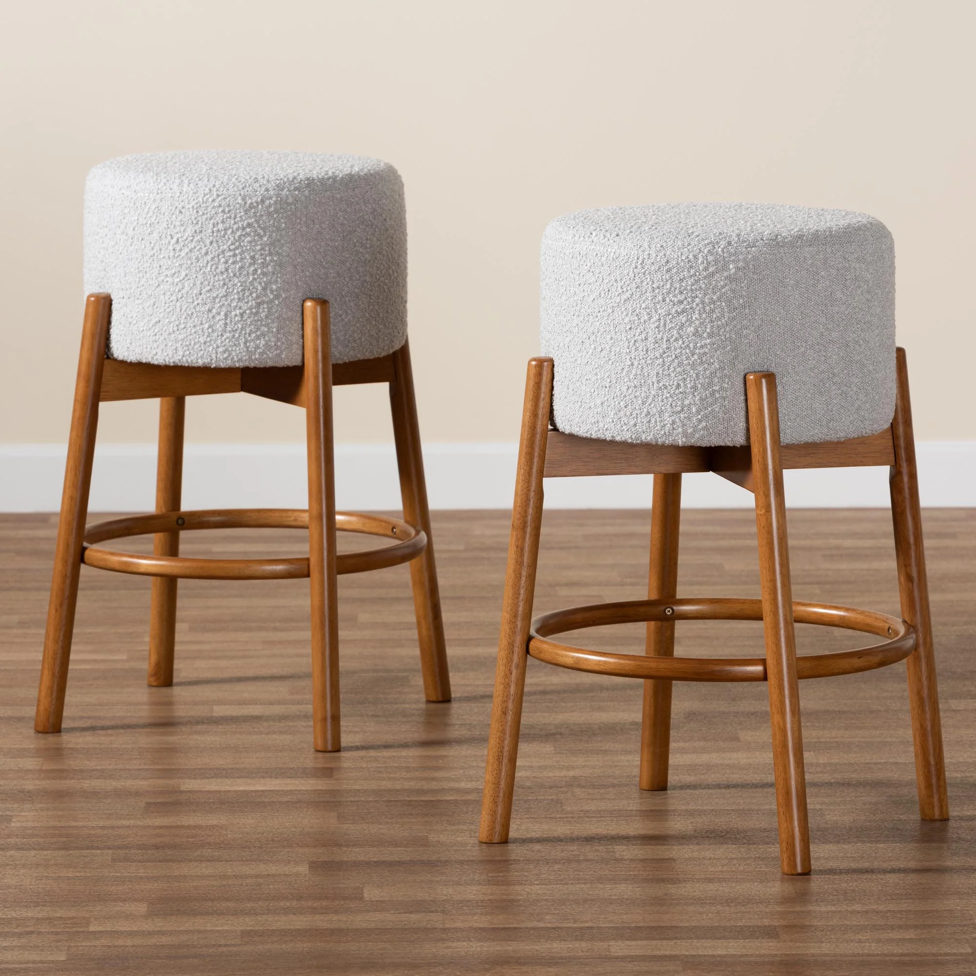 Baxton Studio Olwen Modern Japandi Light Grey Boucle Fabric and Walnut Brown Finished Wood 2-Piece Bar Stool Set - Image 6