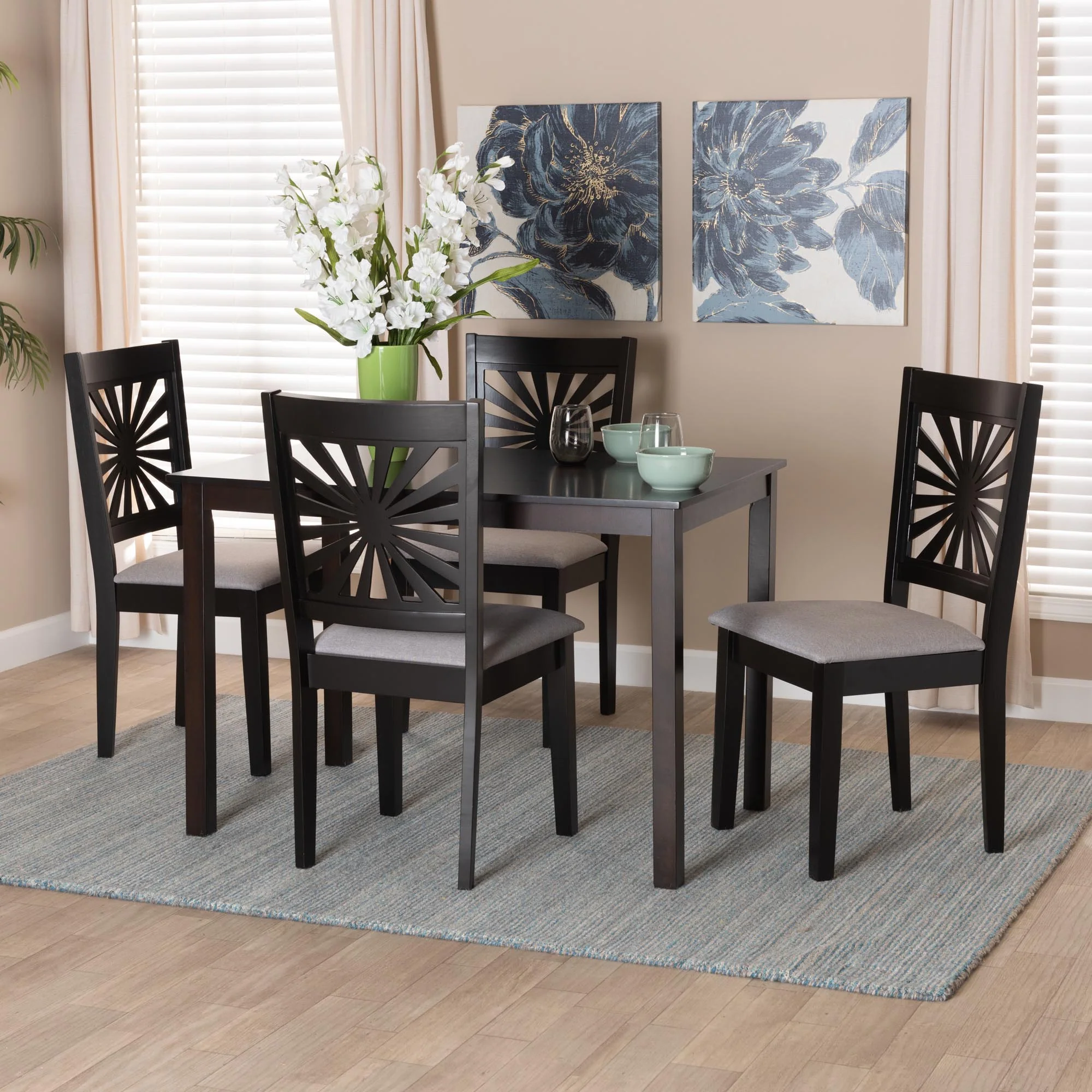 Baxton Studio Olympia Modern Beige Fabric and Espresso Brown Finished Wood 5-Piece Dining Set - Image 11