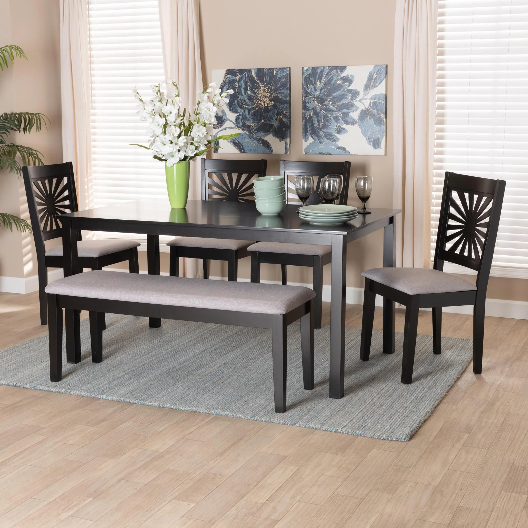 Baxton Studio Olympia Modern Beige Fabric and Espresso Brown Finished Wood 6-Piece Dining Set - Image 12