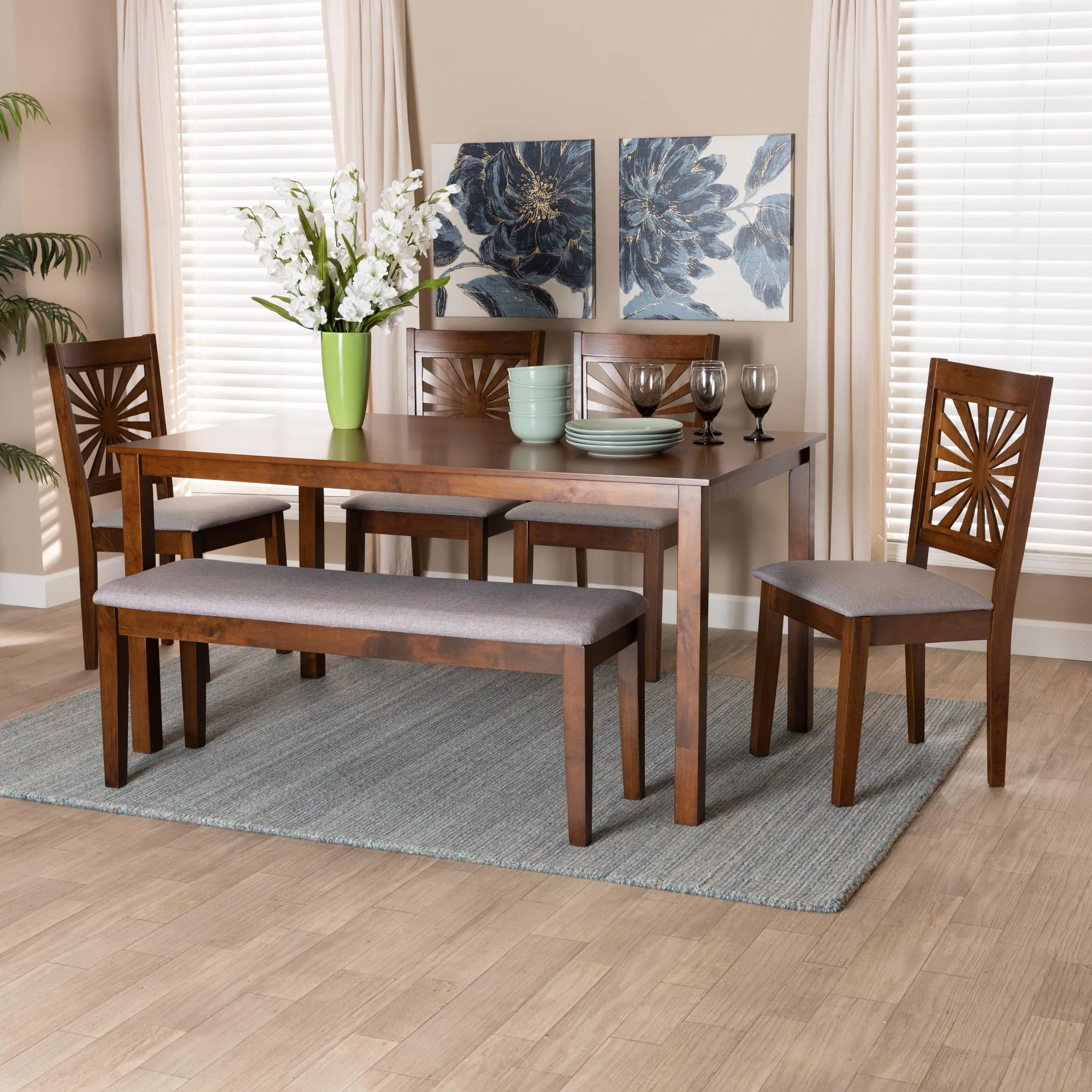 Baxton Studio Olympia Modern Beige Fabric and Espresso Brown Finished Wood 6-Piece Dining Set - Image 23