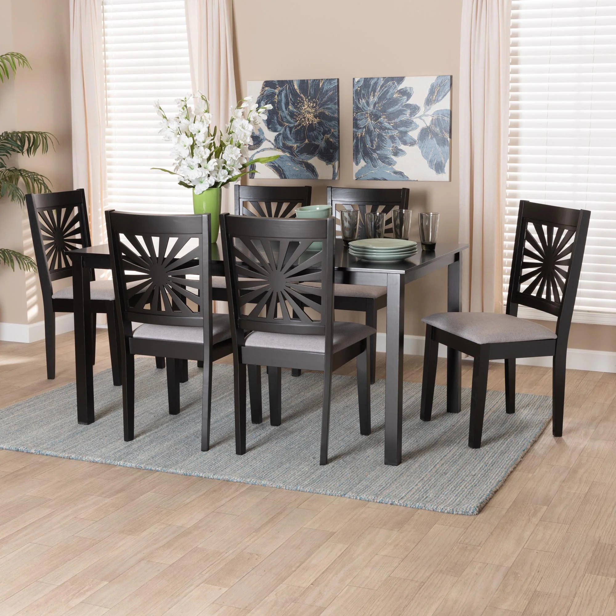 Baxton Studio Olympia Modern Beige Fabric and Espresso Brown Finished Wood 7-Piece Dining Set - Image 11