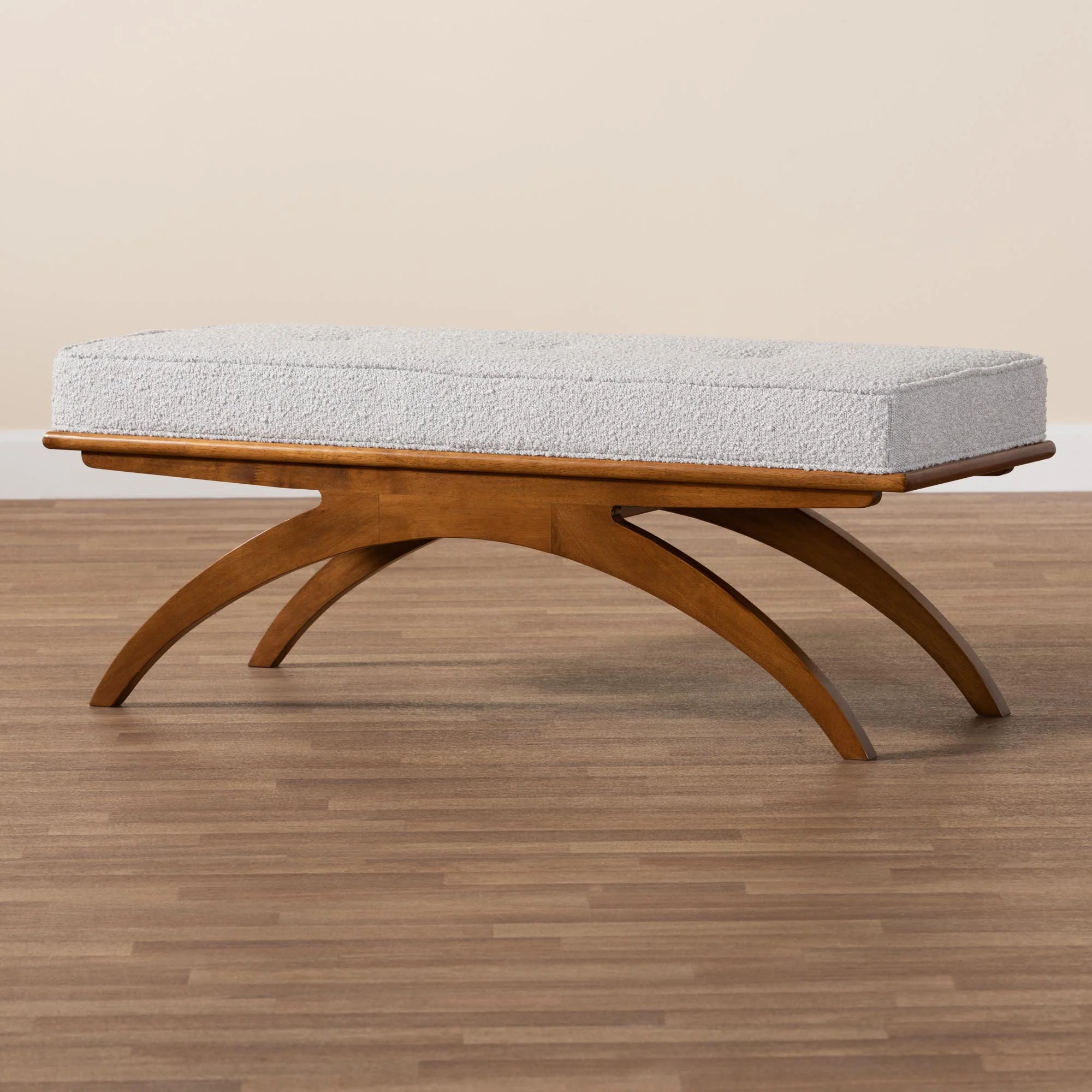 Baxton Studio Orella Japandi Light Grey Boucle Fabric and Walnut Brown Finished Wood Bench - Image 7