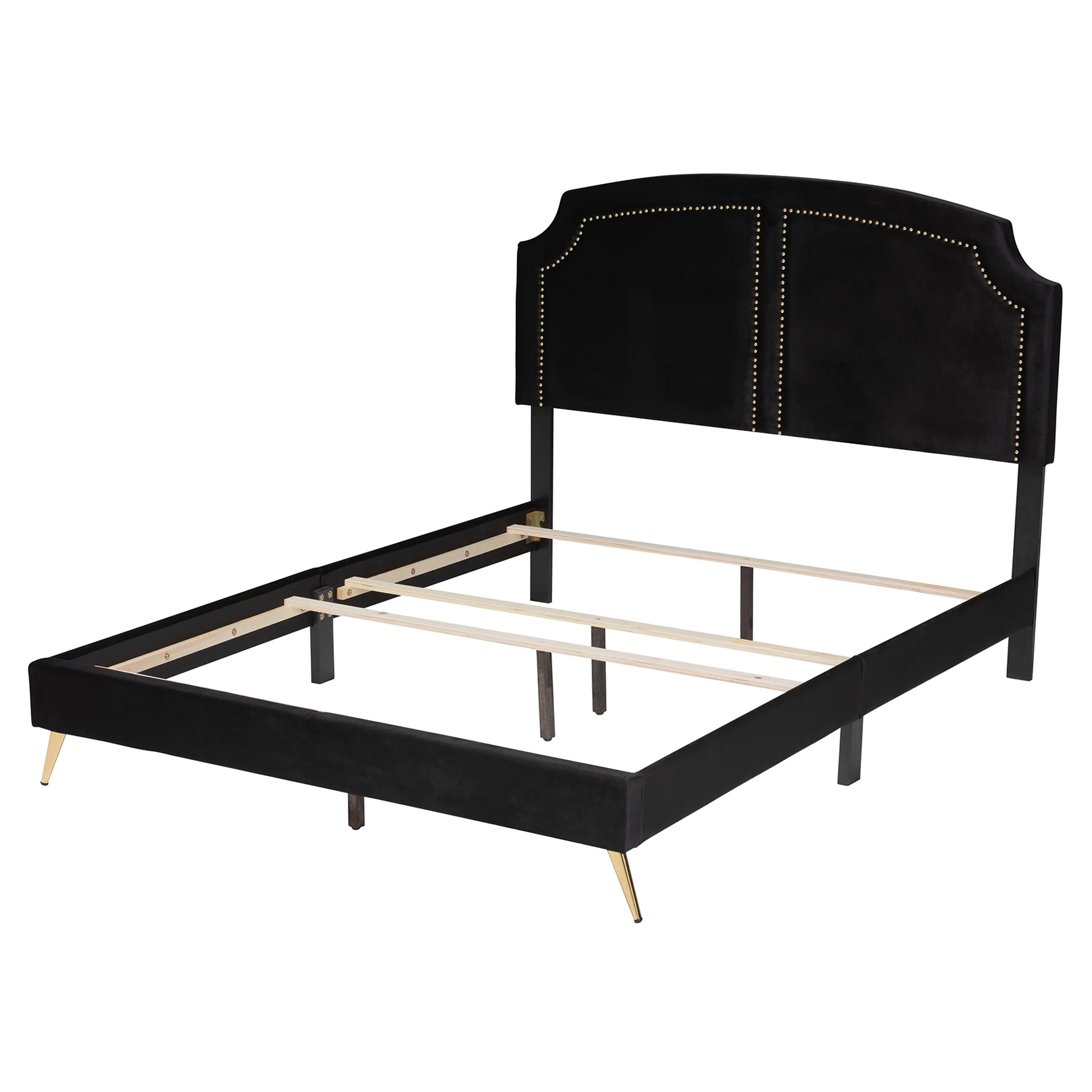 Baxton Studio Oxley Traditional Glam and Luxe Black Velvet and Gold Metal Queen Size Panel Bed - Image 4