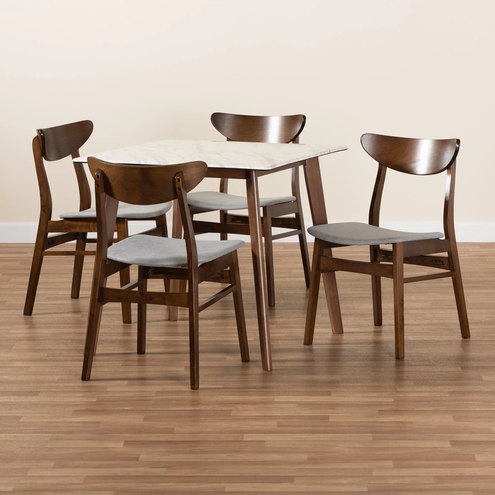 Baxton Studio Paras Mid-Century Modern Transitional Light Grey Fabric Upholstered and Walnut Brown Finished Wood 5-Piece Dining Set with Faux Marble Dining Table - Image 2