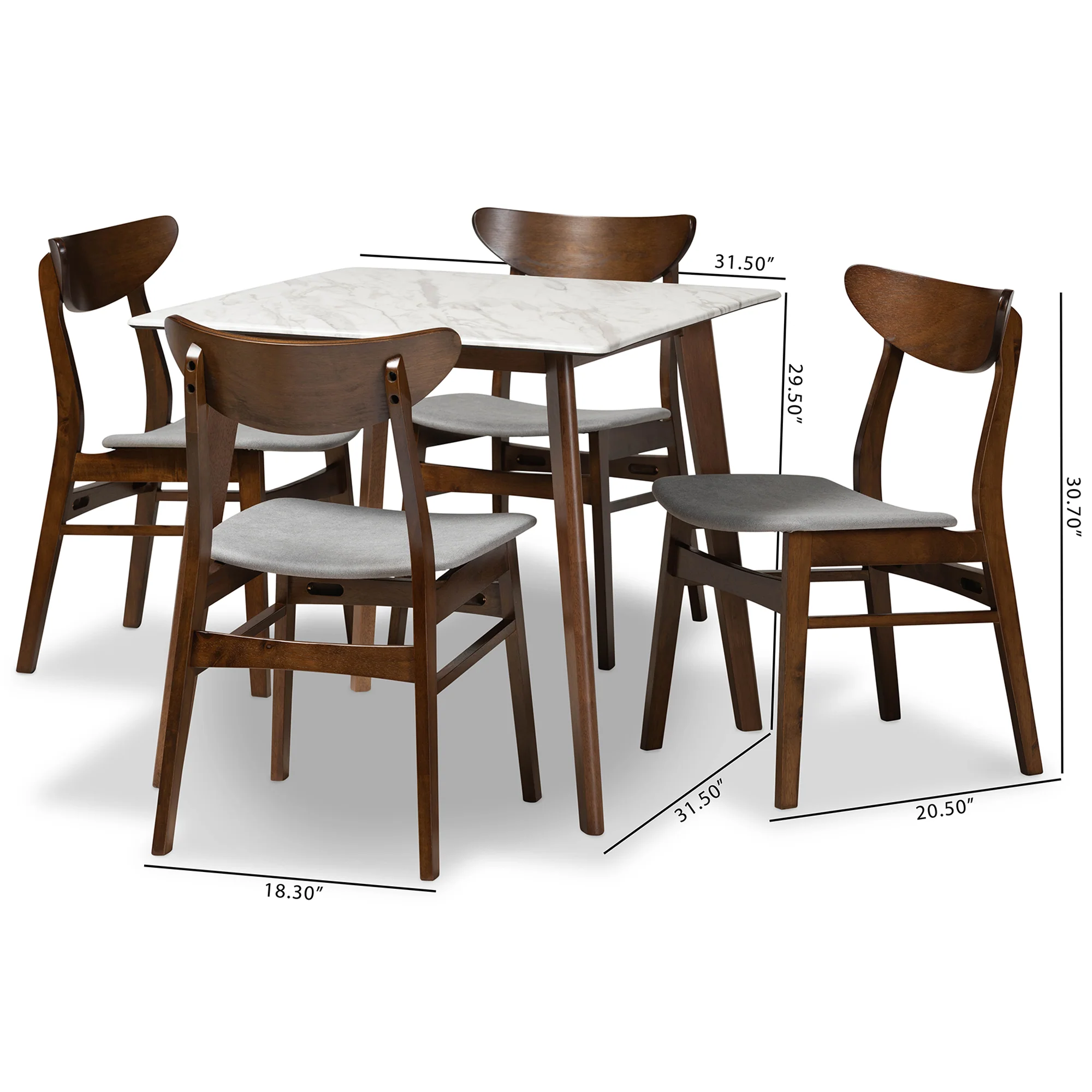 Baxton Studio Paras Mid-Century Modern Transitional Light Grey Fabric Upholstered and Walnut Brown Finished Wood 5-Piece Dining Set with Faux Marble Dining Table - Image 3
