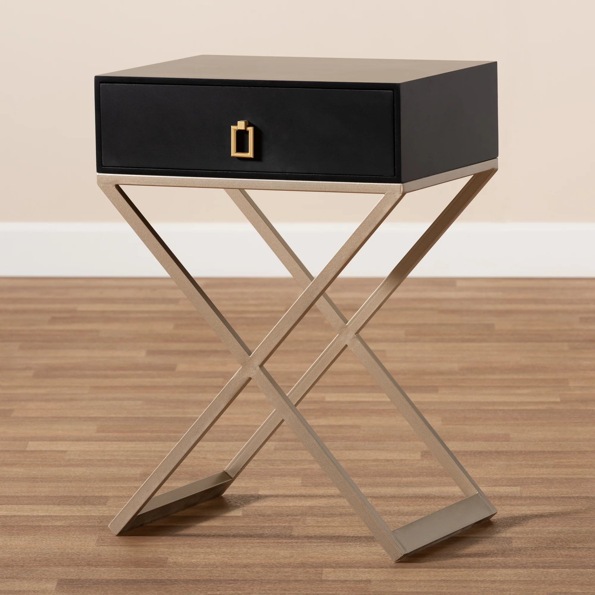 Baxton Studio Patricia Modern and Contemporary Black Finished Wood and Powder Coated Brass Effect Metal 1-Drawer End Table - Image 2