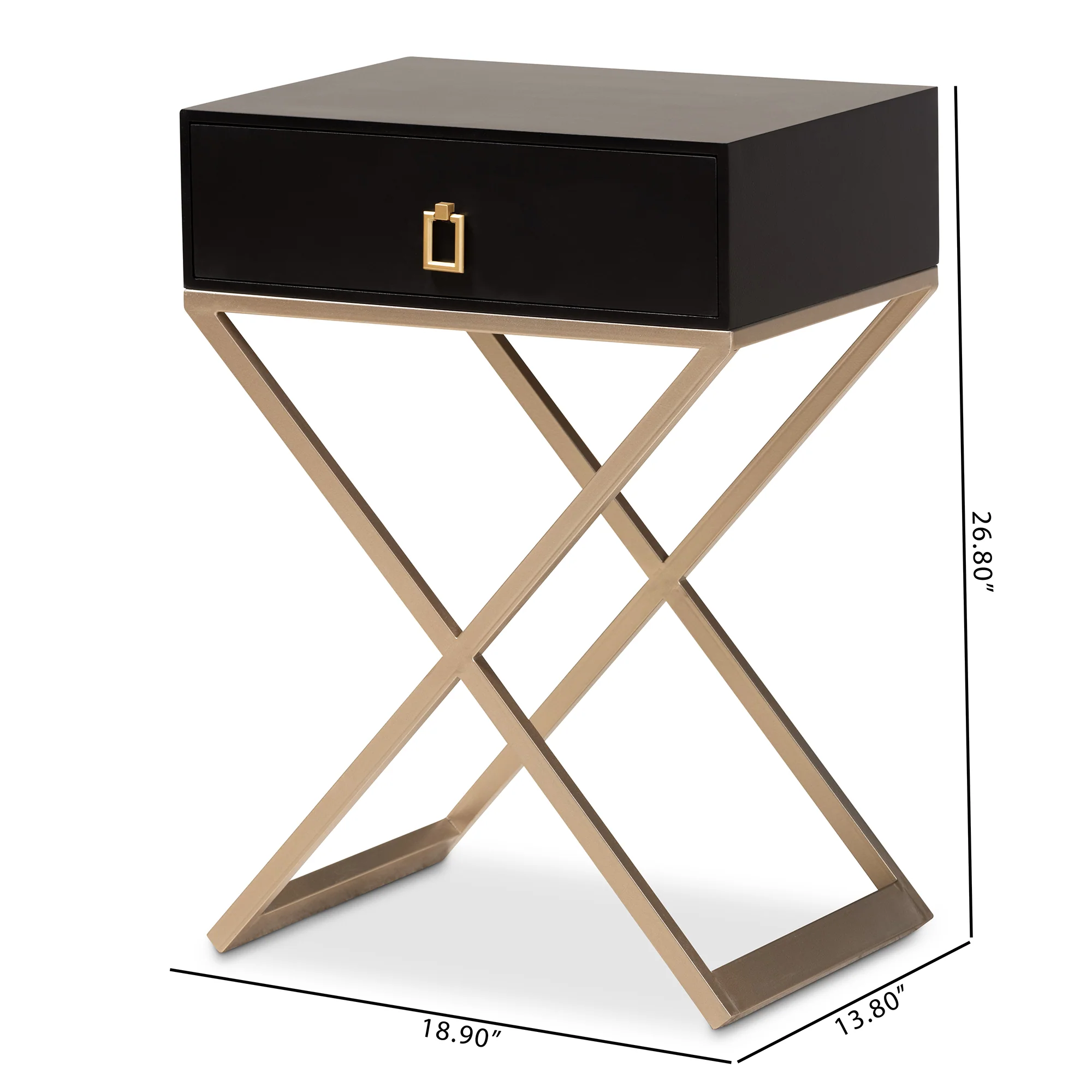 Baxton Studio Patricia Modern and Contemporary Black Finished Wood and Powder Coated Brass Effect Metal 1-Drawer End Table - Image 3